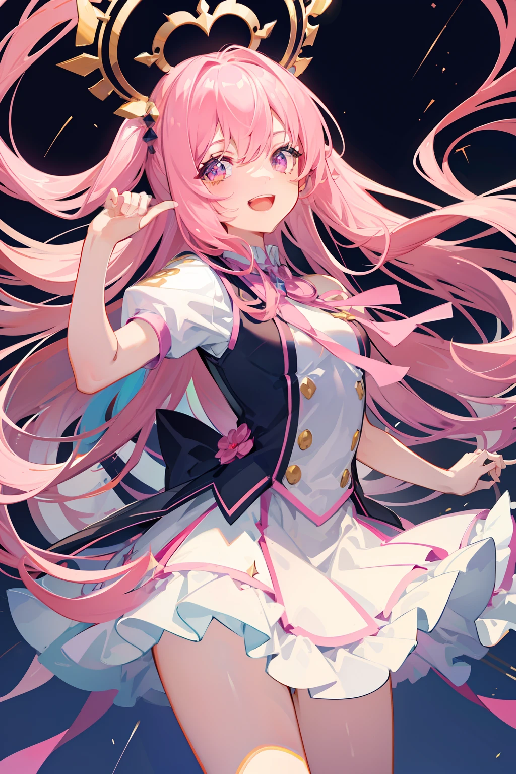 ((((Cure Lovely,Cowboy Shot,Frontal shot))),(((Her attire designed to show her crotch,Costumes that show the skin of the thighs,Her crotch is visible))),(Cure Lovely, vests, pink bows, heart brooch, Wrist cuffs, Heart Hair Ornament, Puffy sleeves, Thigh boots)+++,Solo,Standing,{{{{{{masutepiece,Anime}}}}}},((((High Detail Face)))),{{{{Best Quality}}}},{{all intricate}},Perfect composition, 8K, High quality, Sharp Focus,digital anime art,