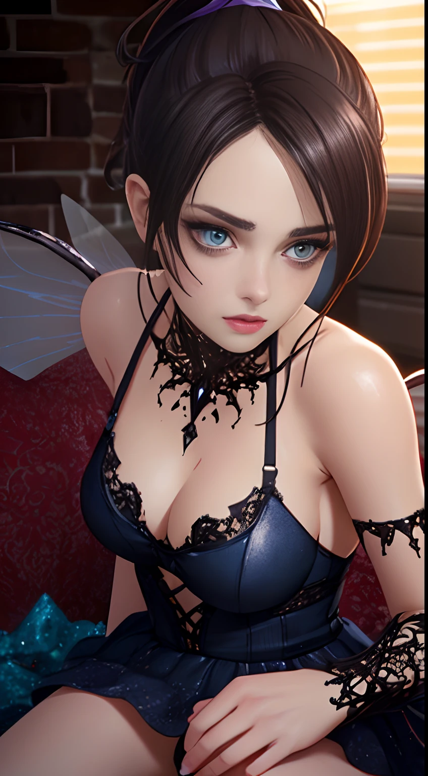 (extremely detailed CG octane render 8k wallpaper), photography by Annie Leibovitz, half rotten cute fairy undead insectoid, ponytail, atompunk style, dynamic action angle, (((modelshot action photo))), photorealistic, photorealism, film, studio lighting, detailed skin, ultra realistic, bokeh, sharp features, cute detailed, cinematic, intricate detail, dark shot, closeup shot of perfect eyes, sitting