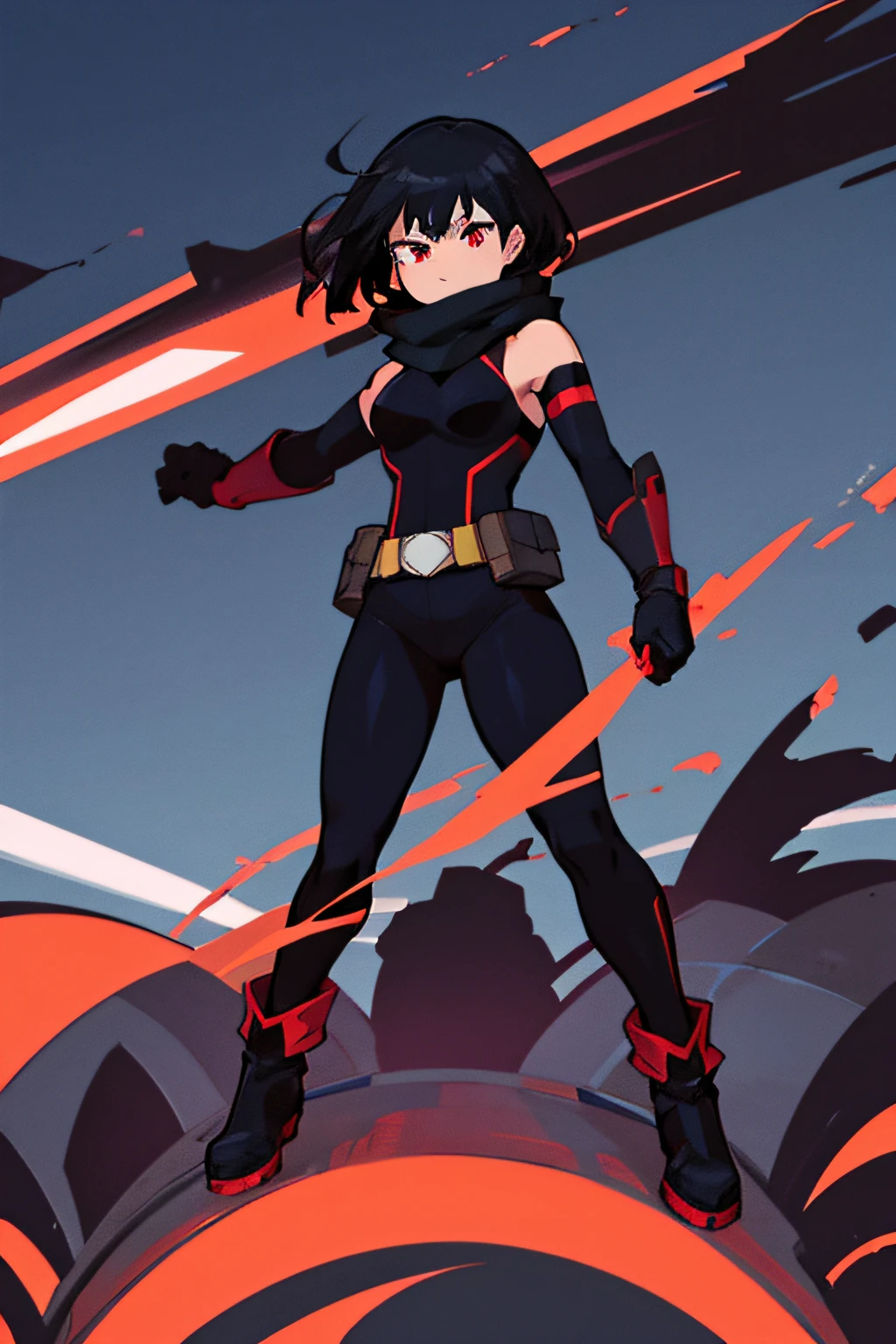 superhero girl, red eyes, short black hair, cute face, black scarf, black hero suit, black long boots, black gloves, red magic power in hands, full body view