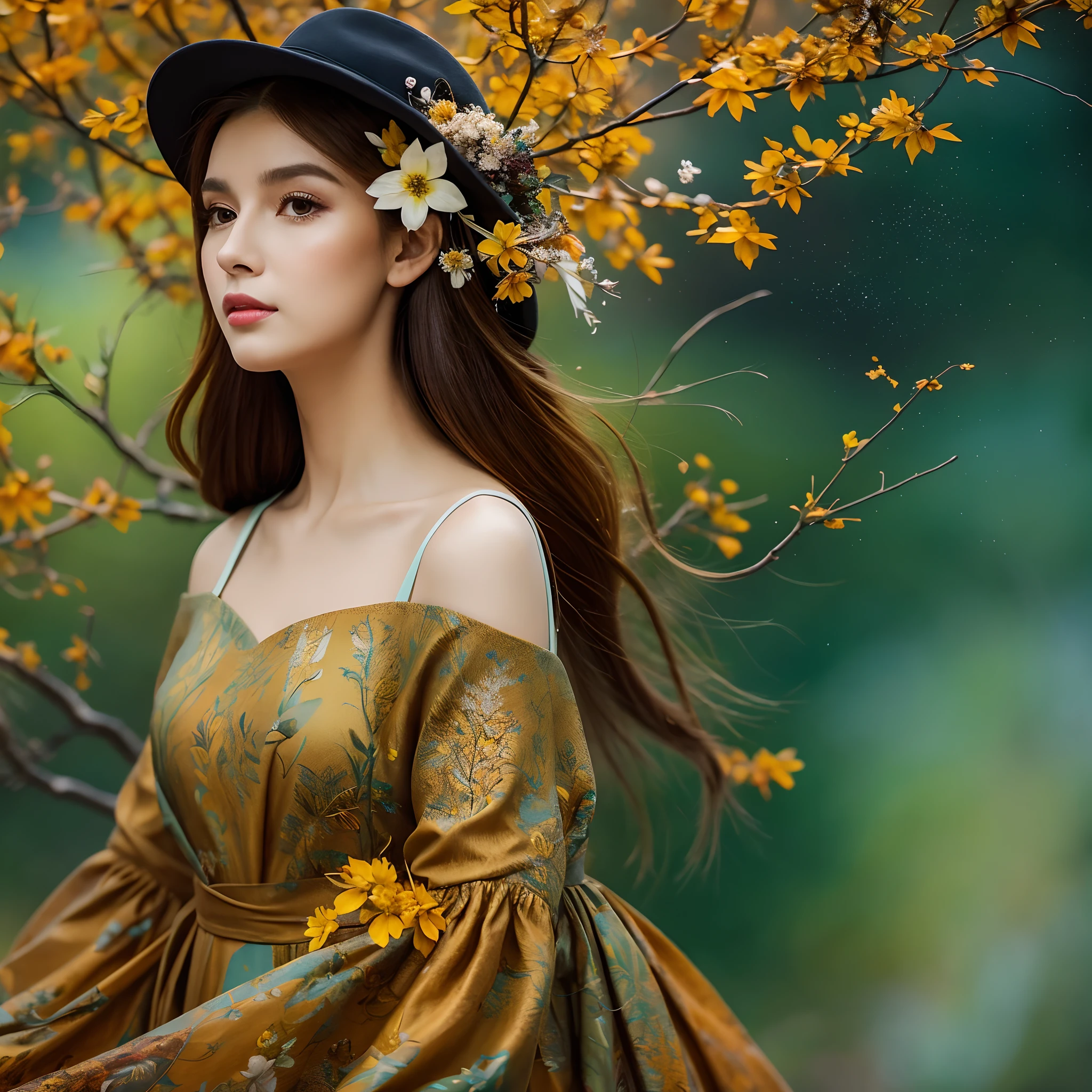 There's a woman wearing a hat and a dress with flowers, beautiful autumn spirit, bela arte digital, bela arte digital, retrato bonito da arte da fantasia, linda arte digital linda, Imperatriz outonal, karol bak uhd, lindo arte digital, cabelo tornando-se folhas vermelhas de outono, arte digital muito bonita, retrato bonito da fantasia, Pintura digital elegante, Bela arte UHD 4K, Romantismo, vindima, Breathtaking Beauty Standard Woman, Arremesso de 4 metros, corpo inteiro