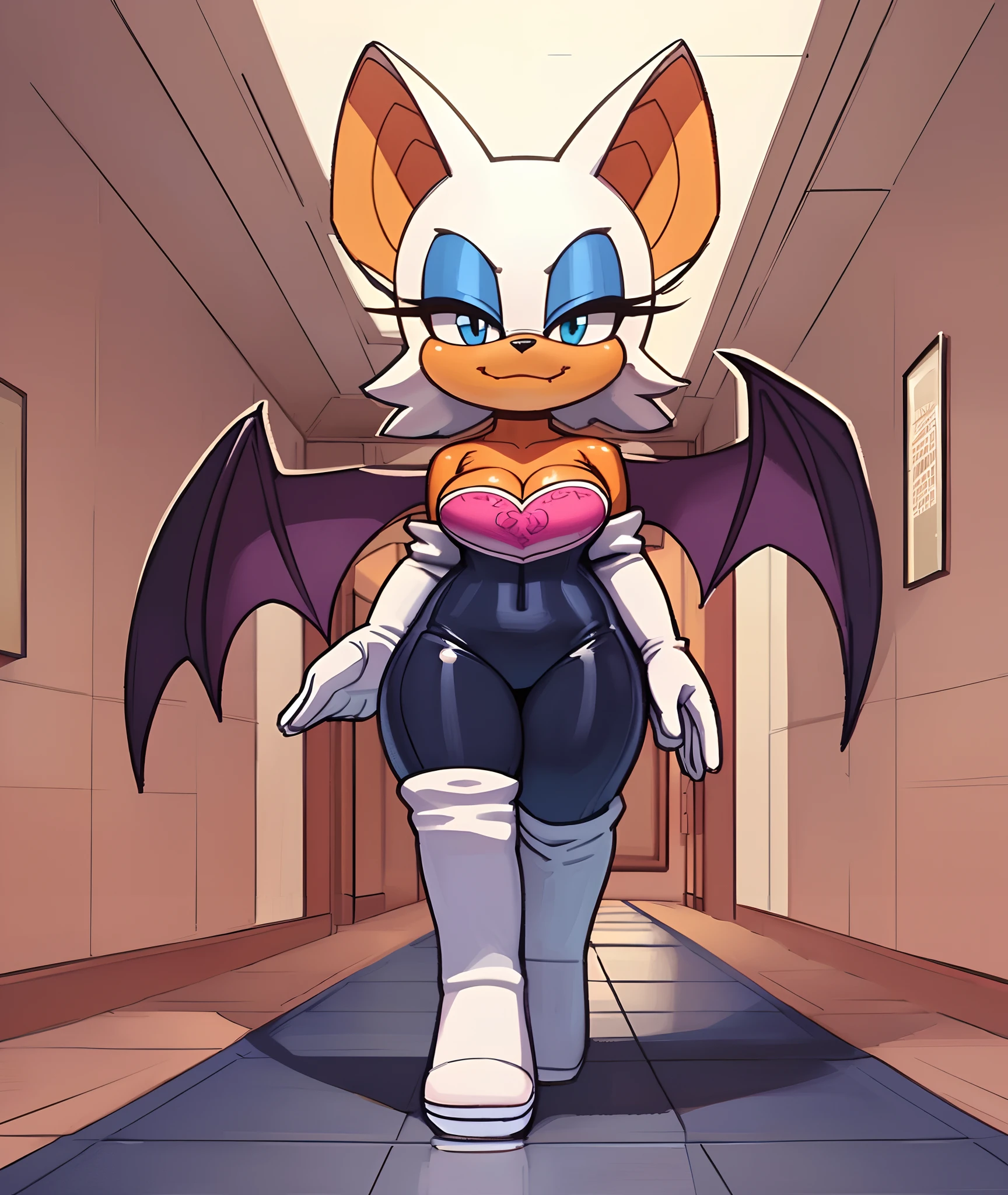 [Rouge the bat], [Uploaded to e621.net; (Pixelsketcher), (wamudraws), (napalm_express)], ((masterpiece)), ((HD)), ((High Quality)), ((furry)), ((solo portrait)), ((front view)), ((full body)), ((boots visible)), ((detailed fur)), ((detailed shading)), ((cel shading)), ((beautiful render art)), ((intricate details)), {anthro, (white fur), (orange skin), black nose, bat ears, cute blue eyes, (blue eyeshadow), short tail, (gorgeous hips), (beautiful legs), (smug smirk)}, {(black bodysuit), (pink heart on chest), (cleavage), (white gloves), (white knee-high boots)}, {(walking), (arms at side), (looking at viewer)}, [background; (hallway), (museum), (ambient lighting)]