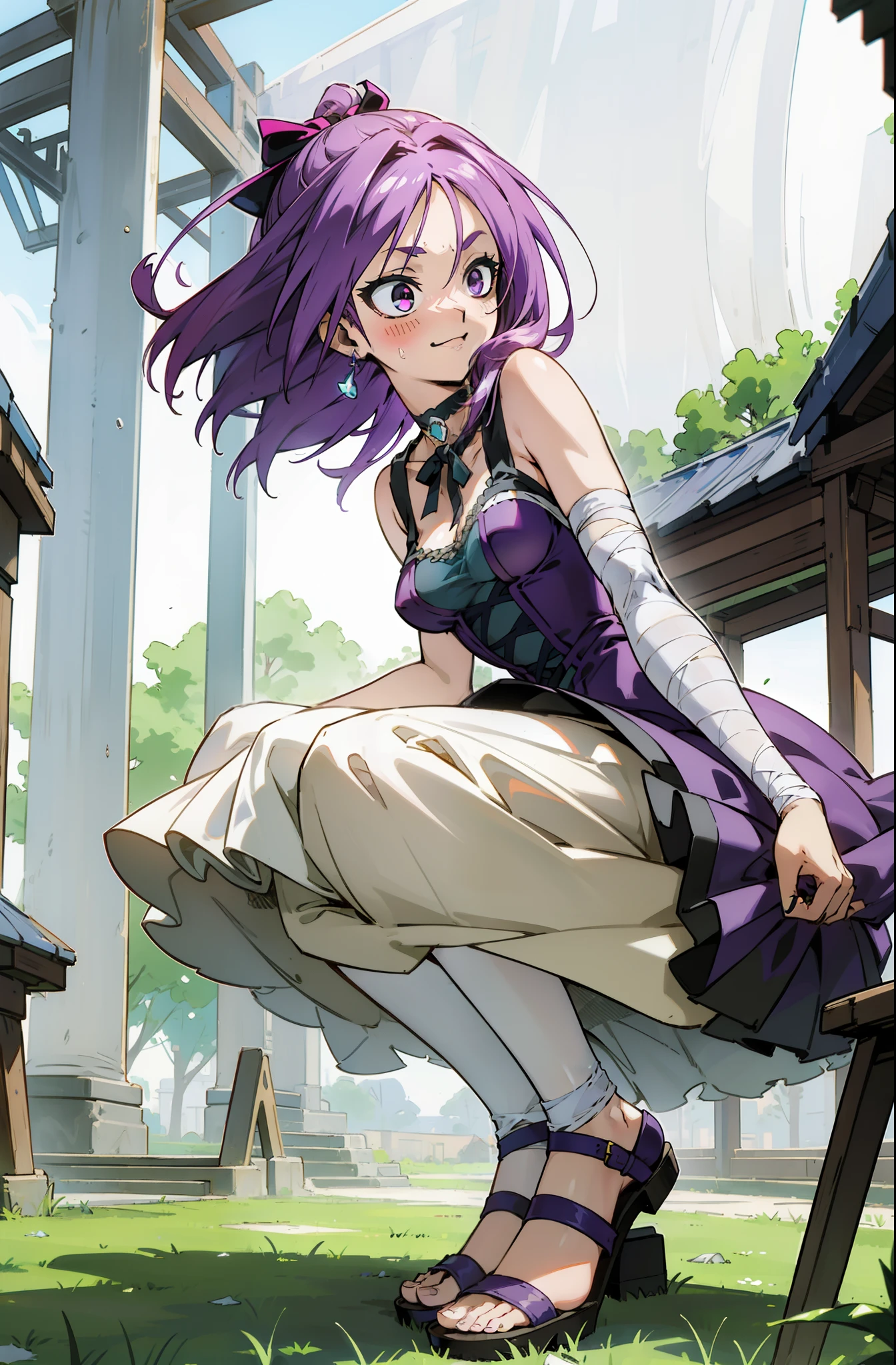 masutepiece, Best Quality, Ultra-detailed, bandages on arm, bandage arms, bandages hands, Colorful,Up-close, Hyper-detailing，purple color  hair, , Ultra-realistic hair quality, Vibrant colors, Beautiful long hair, shoulder-lengh hair, Shiny hair, detailed hairs, Hair Ribbon, Single-sided up, ribbon, Reo Mikage, Blue Lock, no sleeves, Sleeveless, open shoulders, Cinderella, Cinderella with panniers, Cinderella Dress, Lace dress, long dress, white tights and leggings, leggings, lace tights, bare foots, sandals, brown sandals, gladiator sandals, Chest exposure, Lace underwear, Metamorphosis is exposed, Choker, black choker, complete fingers, Five Fingers, Two arms, Two hands, Sexy breasts, Scar, Big breasts, red blush, 1girl in, Solo, Sharp face, Heterochromia, Green eyes, Purple eyes, Bare neck, Happy face, rays of sunshine, Brave Sky, shining sky, Village of Shanghai, Slums, crouching down