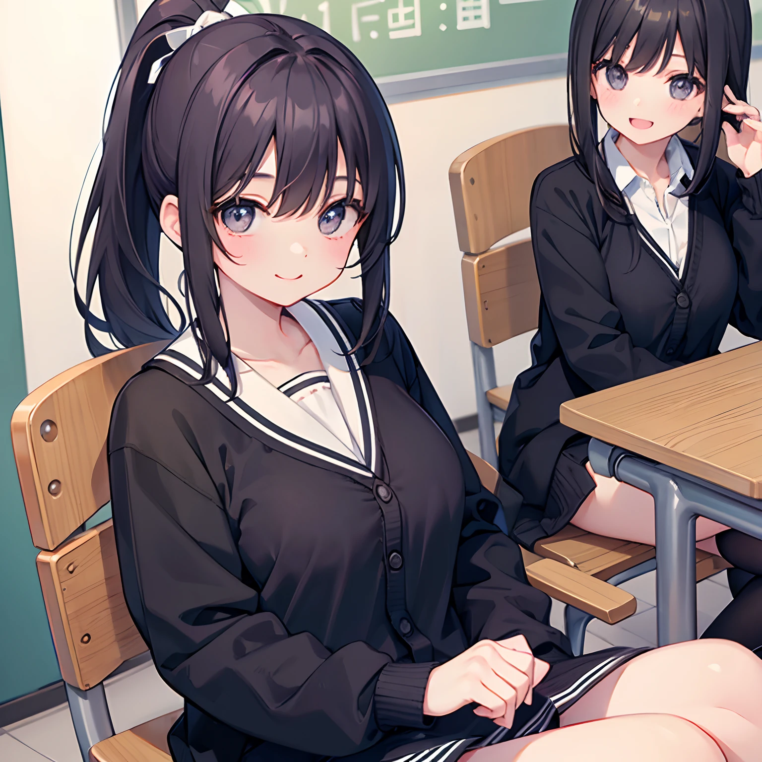 girl with、1 persons、Dark hair、Ponytail、Black eyes、length hair、Cheerful smile、huge smile、Pupils、校服、Cardigan、Classroom、chatting、sit a chair