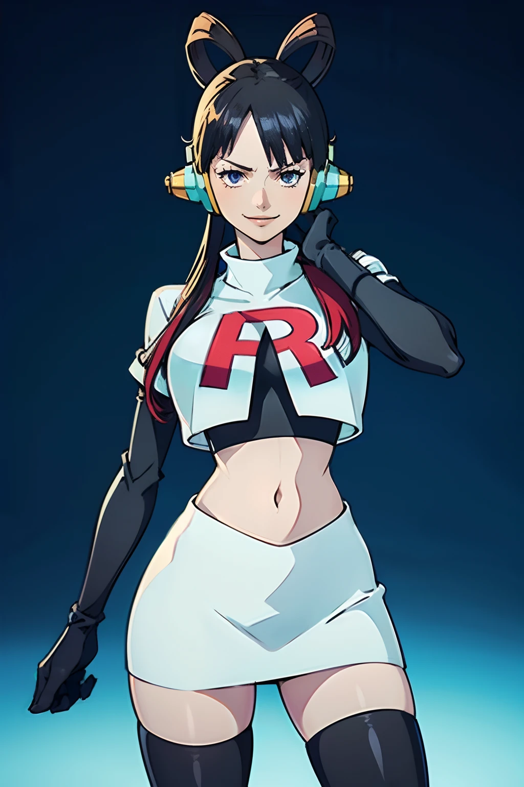 (best quality,highres),Uta One Piece,1girl,team rocket,team rocket uniform,white skirt,crop top,black thigh-highs,black elbow gloves,evil smile,vivid colors,portrait,humor,detailed eyes,detailed lips,smirking expression,confident pose,anime style,colorful lighting