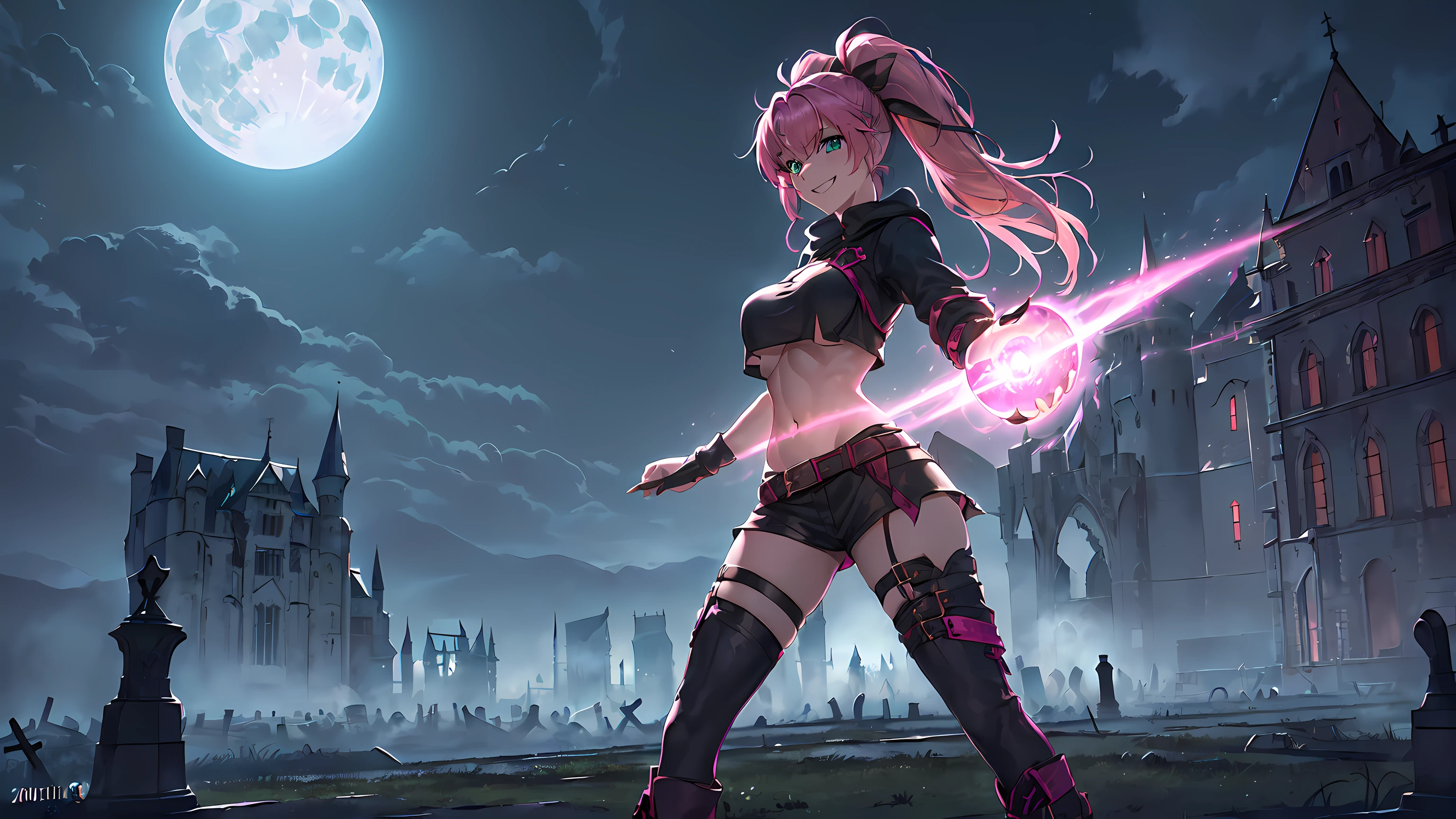 masterpiece, 1girl ((20year old, dressed as an evil sorceress, crop top exposes navel, boots, medium breasts, multicolor pink hair, twin ponytails, perfect model body, green eyes:1.4, flirting, happy, big smile, standing in a evil graveyard:1.1 with an old haunted castle in the background at night:1.1, moonlight:1.2, scary, spooky, dark atmosphere:1.2)) ((nighttime)) ((solo:1.6))