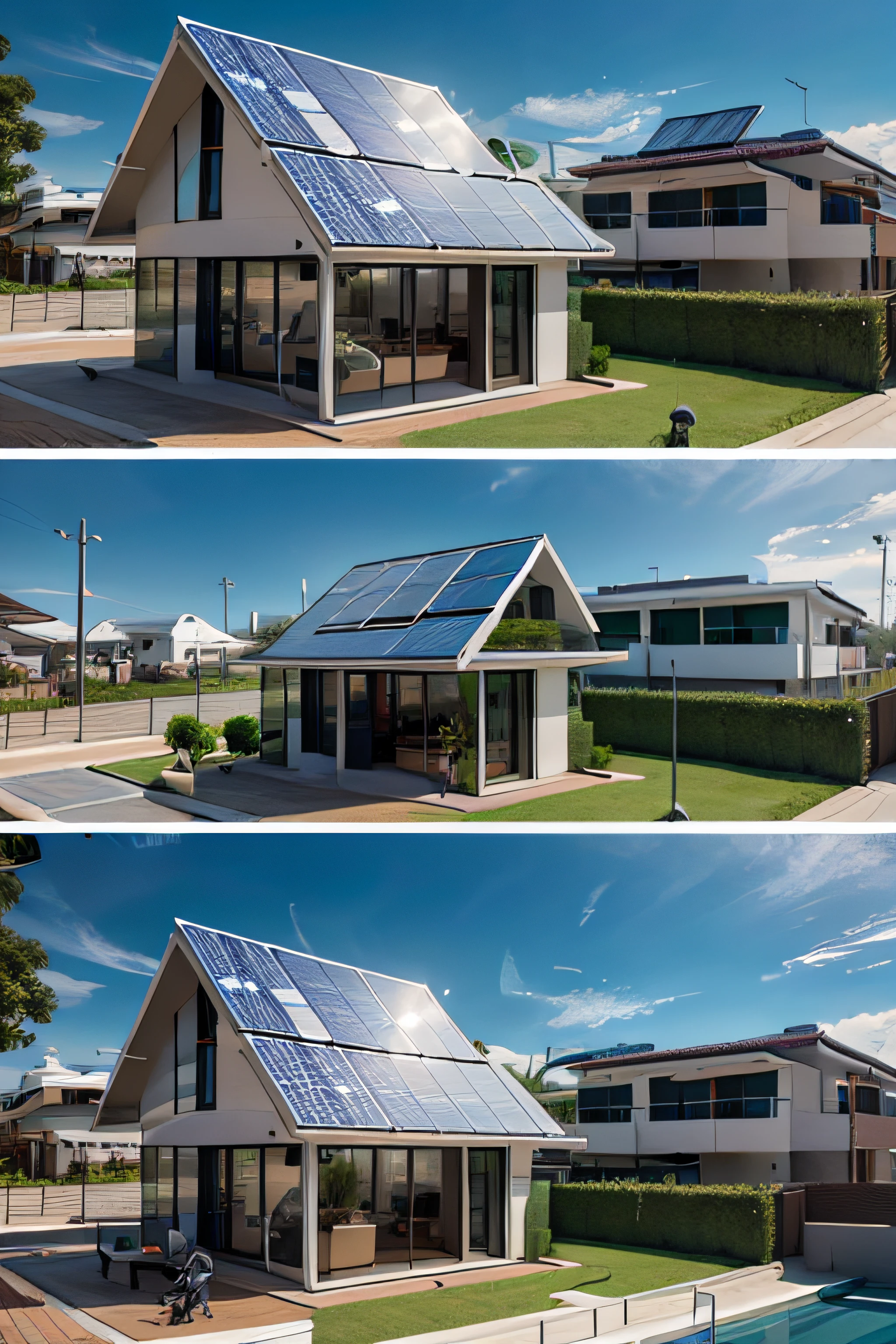 Generate a scene map of the future smart village,concept house,There are solar panels on it,Add a robot dog to watch the door,Robots cook