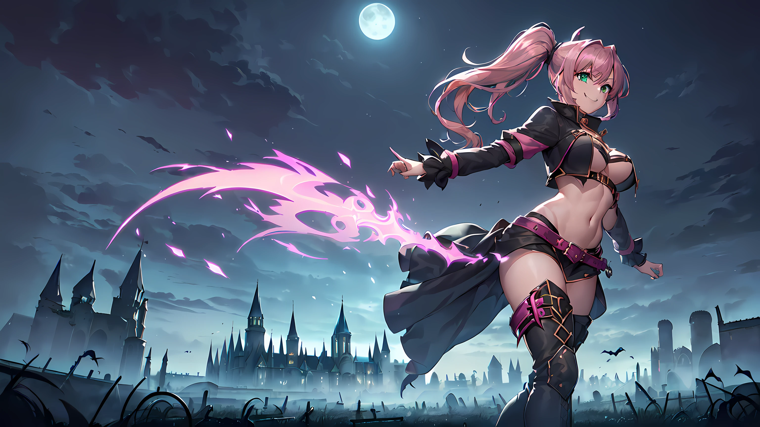 masterpiece, 1girl ((20year old, dressed as an evil sorceress, crop top exposes navel, boots, medium breasts, multicolor pink hair, twin ponytails, perfect model body, green eyes:1.4, flirting, happy, big smile, standing in a evil graveyard:1.1 with an old haunted castle in the background at night:1.1, moonlight:1.2, scary, spooky, dark atmosphere:1.2)) ((nighttime)) ((solo:1.6))