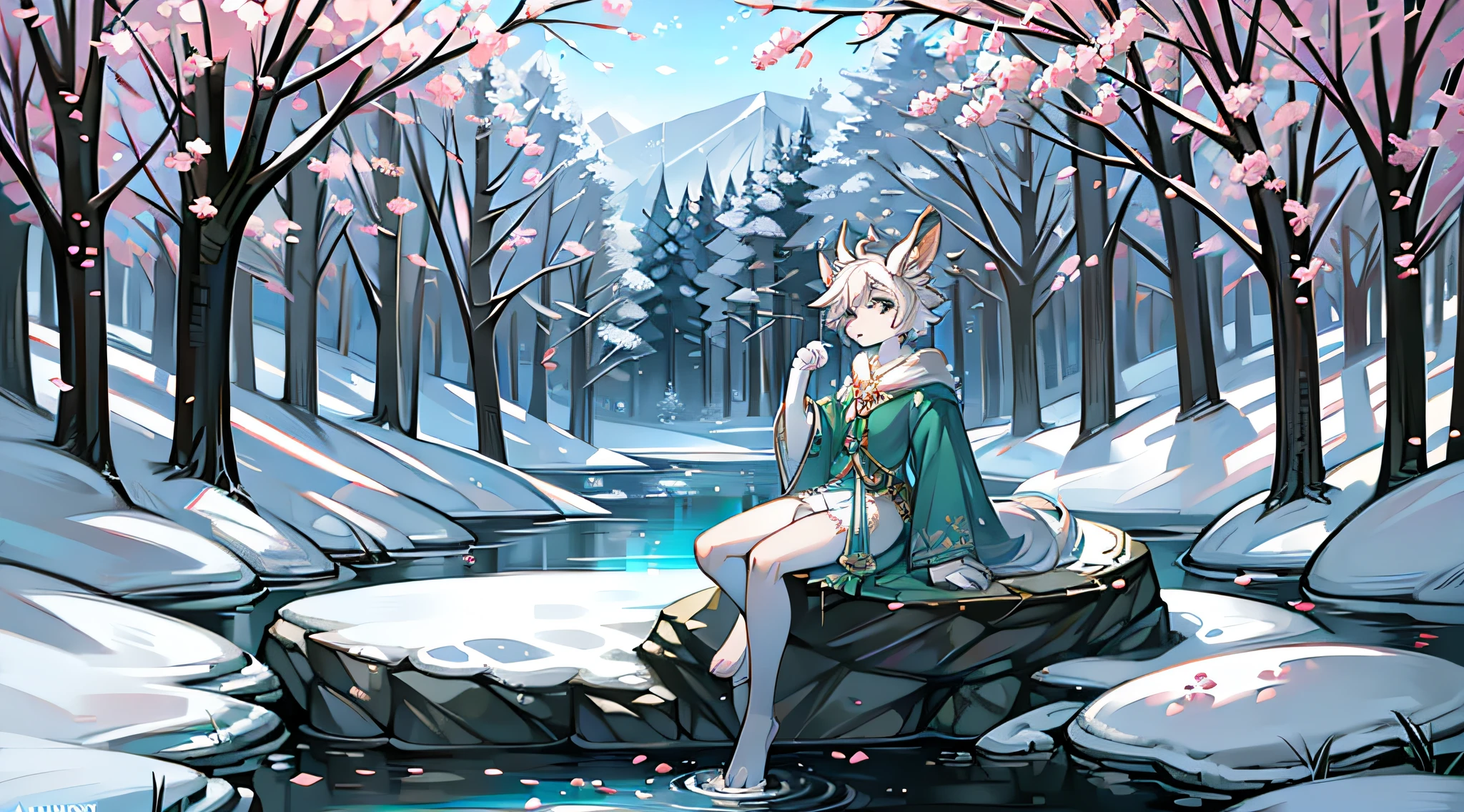 A white deer,Pear blossom tree,falling flower petals,rios,flowing river,White robe,Green pattern,Sit on a rock,snow covered,out a hand,ornate backdrop,Falling snowflakes,sitting sideways,Reach for the snowflakes,k hd,solo person,arcadia,wonderland