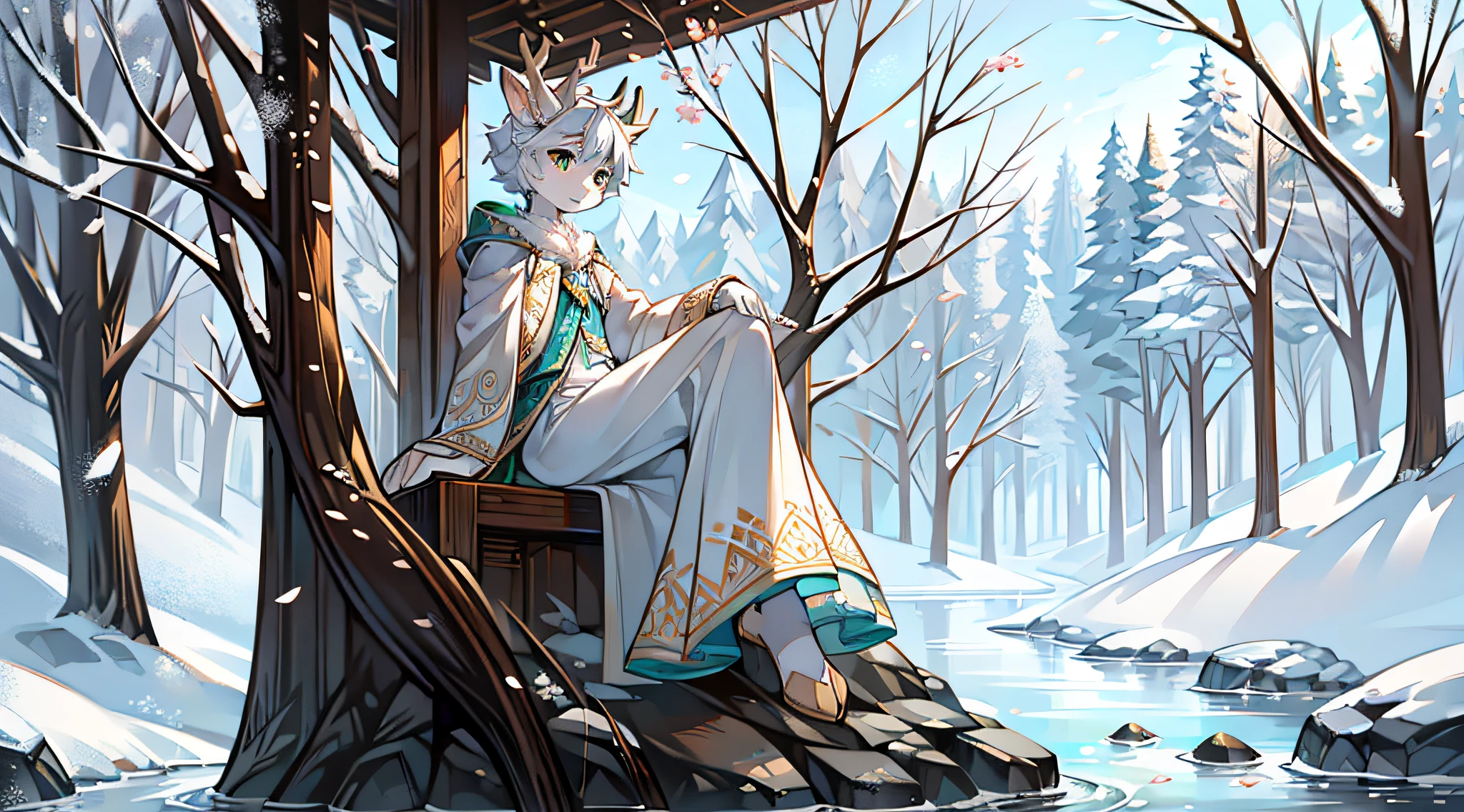 A white deer，Pear blossom tree，falling flower petals，rios，flowing river，White robe，Green pattern，Sit on a rock，snow covered，out a hand，ornate backdrop，Falling snowflakes，sitting  sideways，Reach for the snowflakes，k hd，solo person，arcadia，wonderland