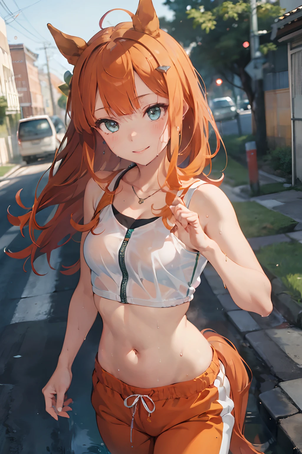 nsfw, masterpiece, 1 girl, intricately detailed, navel, necklace, orange hair, jogging pants, smiling, extremely detailed, photorealistic, octane render, 8 k, unreal engine., bare breasts, bare stomach, sweaty, puddle, wet body, beautiful face, small breasts, petite body, child, flat chest, silence suzuka \(umamusume\), jogging, park, horse ear, horse tail, bare shoulders, bra