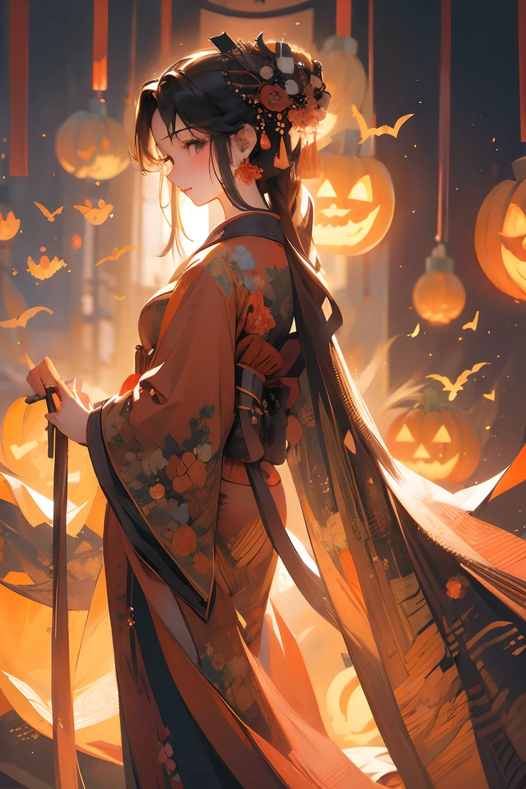 ​masterpiece、high-level image quality、Japanese-style illustration、细致背景、Maiko Girl、beautiful kimonos、Streets of Kyoto、omatsuri、Jack-o'-lantern lanterns、