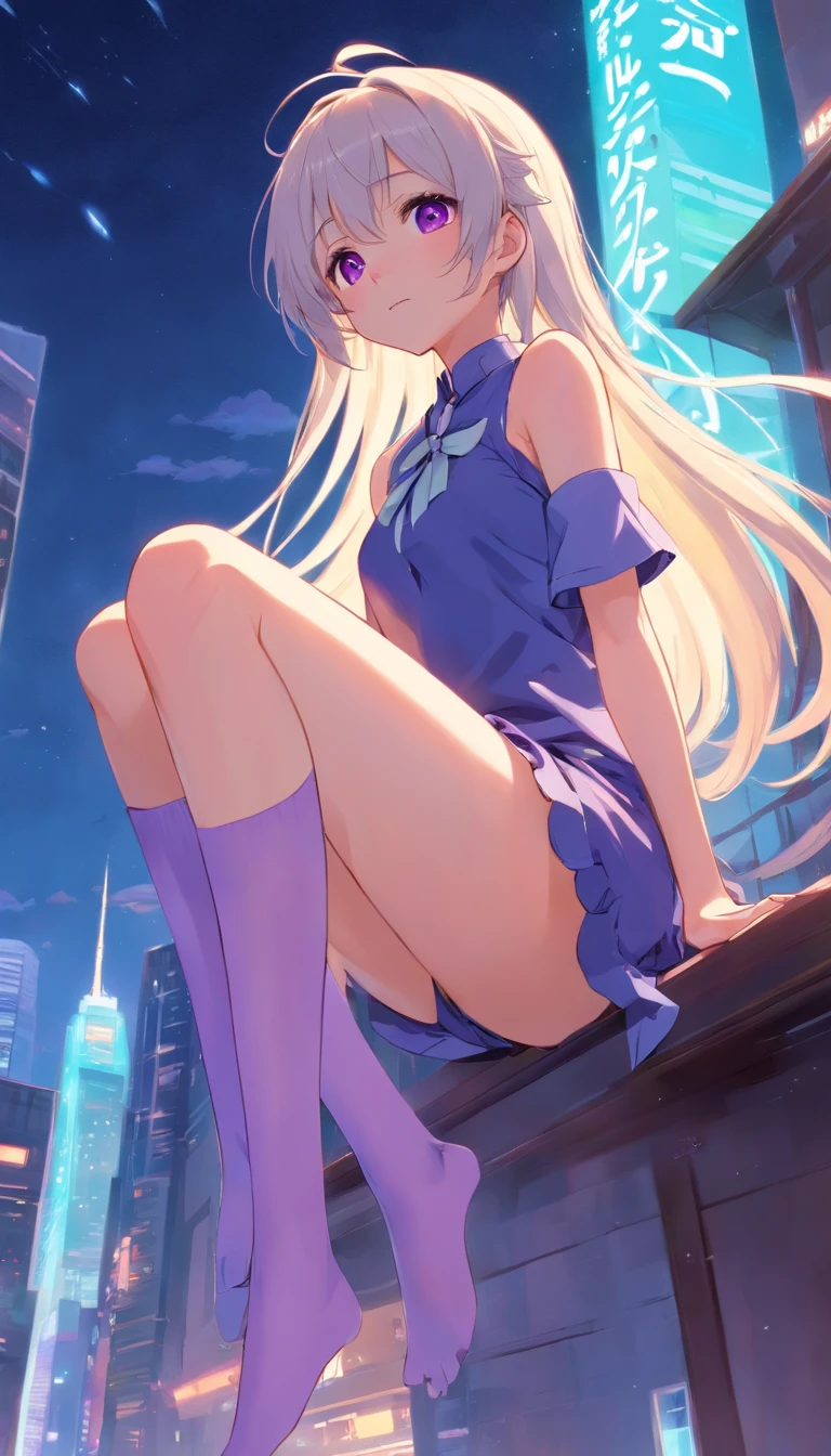 best qualtiy， tmasterpiece， 超高分辨率， realisticlying， 1 girl， long  white hair，Heterochromic pupils，Long legs，Princess set，head looking up，cheerfulness，Purple stockings，chies，stately，wide angles