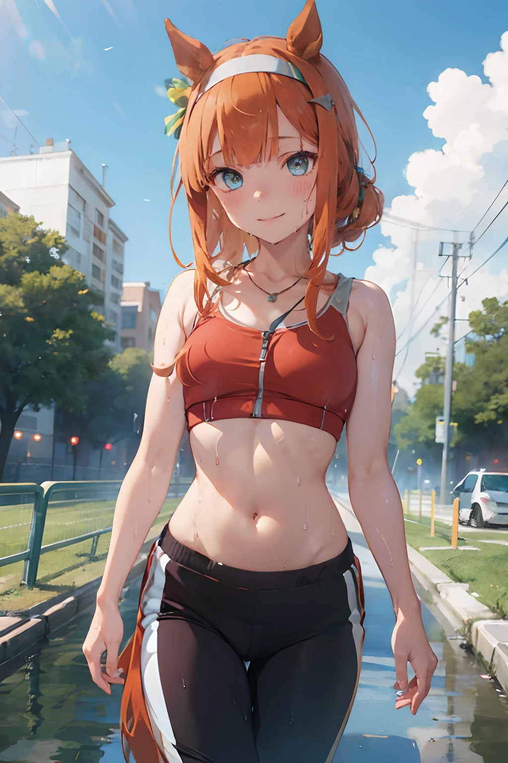 nsfw, masterpiece, 1 girl, intricately detailed, navel, necklace, orange hair, jogging pants, smiling, extremely detailed, photorealistic, octane render, 8 k, unreal engine., bare breasts, bare stomach, sweaty, puddle, wet body, beautiful face, small breasts, ite body, chilat chest, silence suzuka \(umamusume\), jogging, park, horse ear, horse tail, bare shoulders, bra