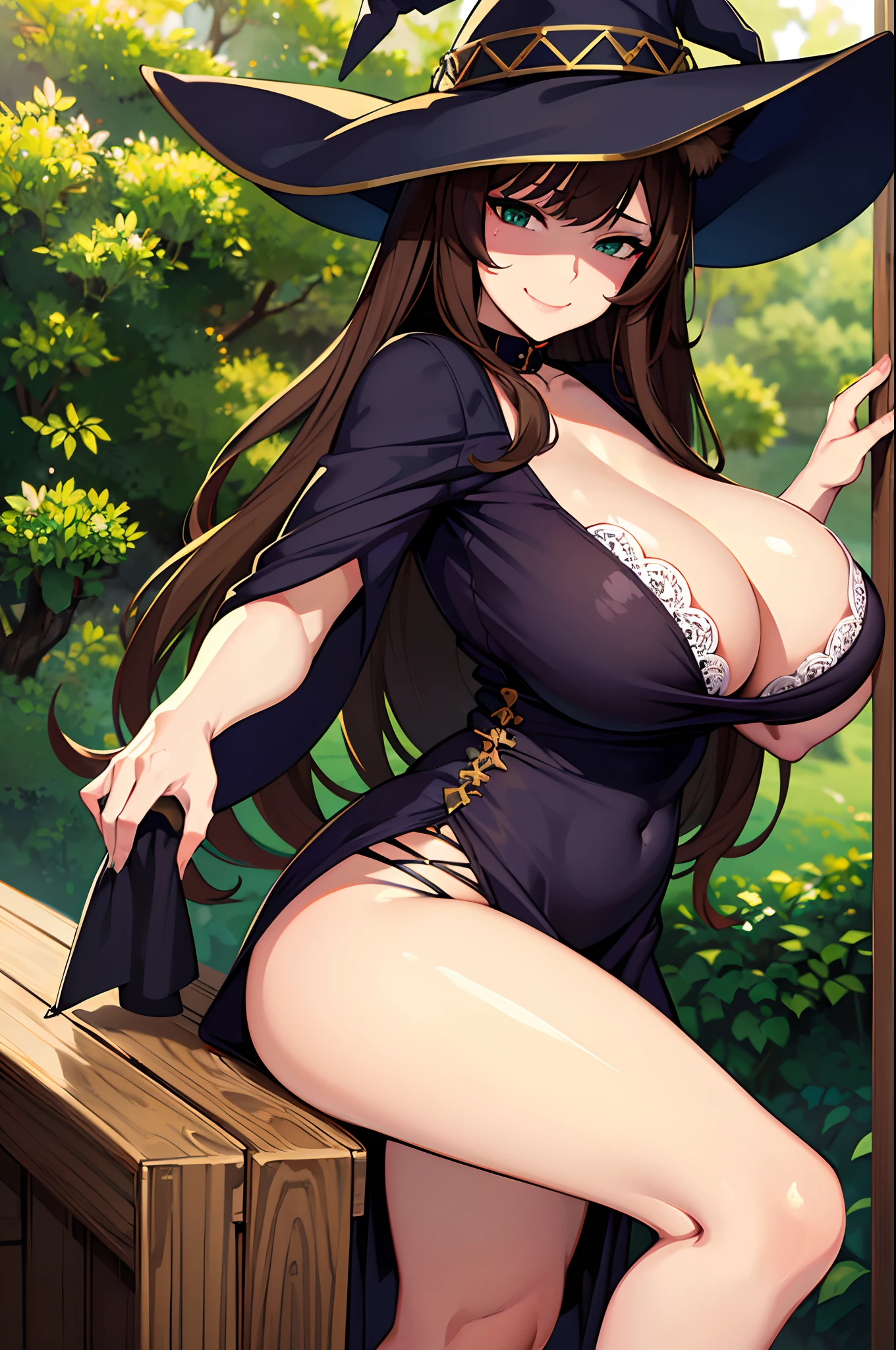 (Masterpiece, best quality, beautiful eyes, highly detailed, high res, anime), 1 girl, fox ears, fox tail, dark brown hair, green eyes, massive breasts, massive cleavage, witch, witch hat, witch dress, magic school uniform, sexy, mature woman, smugly smiling, smug,