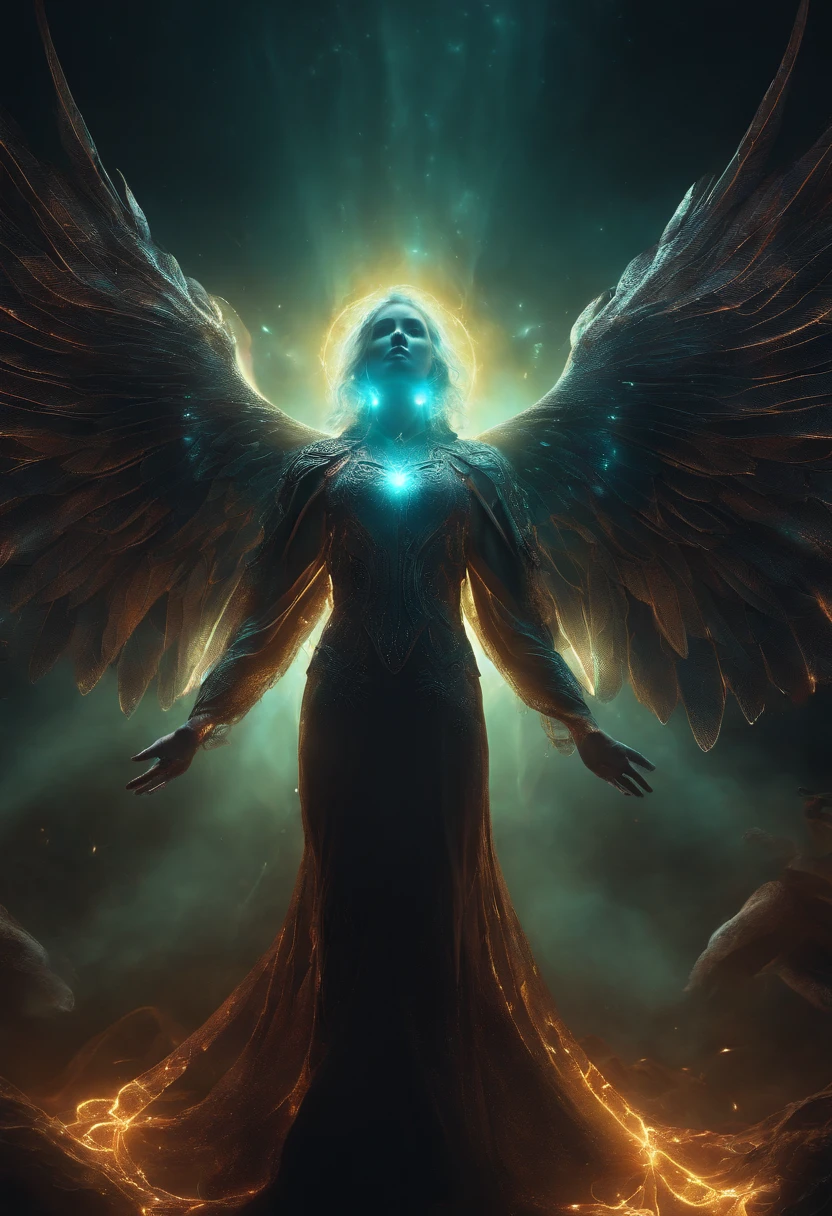 Cosmic Fallen Angel, glowing light eyes, Biomechanical, eerie, Creepy, nightmarish, Very bright colors, Light particles, with light glowing, Mshiff, wallpaper art, UHD wallpaper