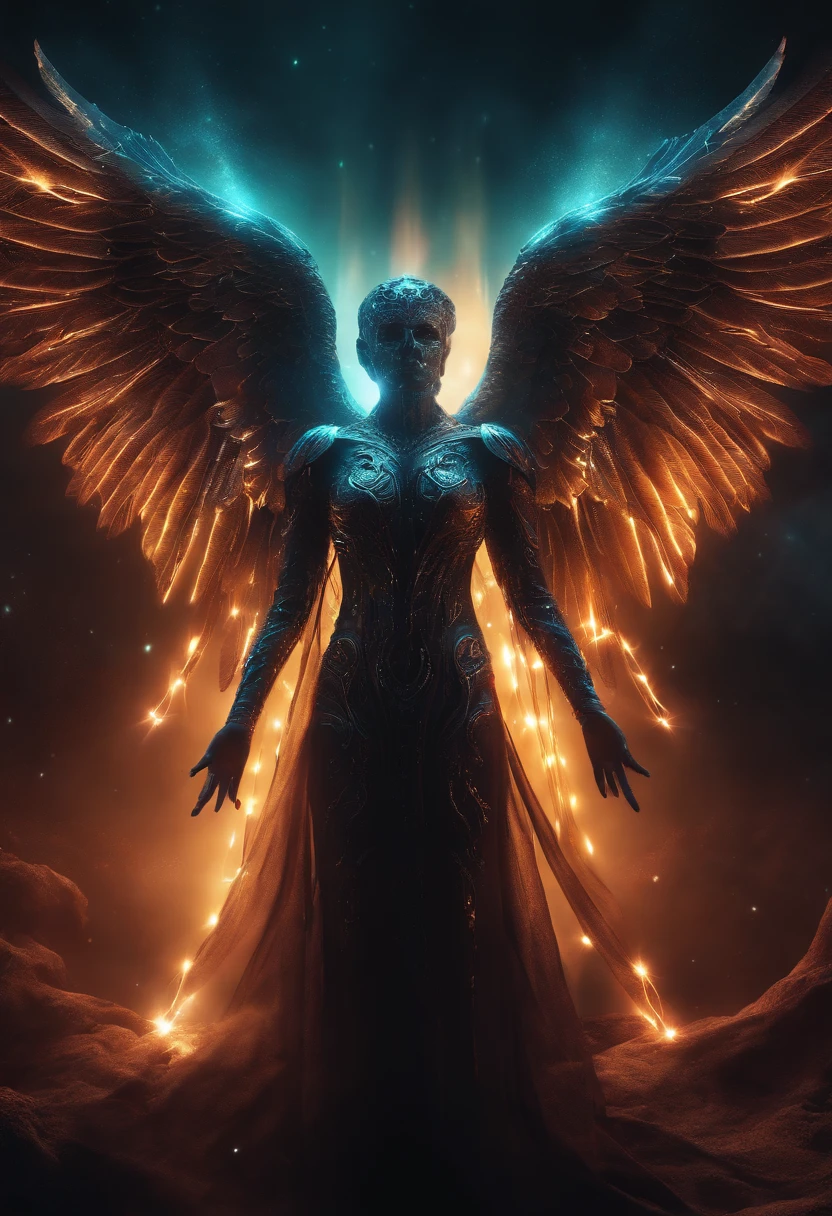 Cosmic Fallen Angel, glowing light eyes, Biomechanical, eerie, Creepy, nightmarish, Very bright colors, Light particles, with light glowing, Mshiff, wallpaper art, UHD wallpaper
