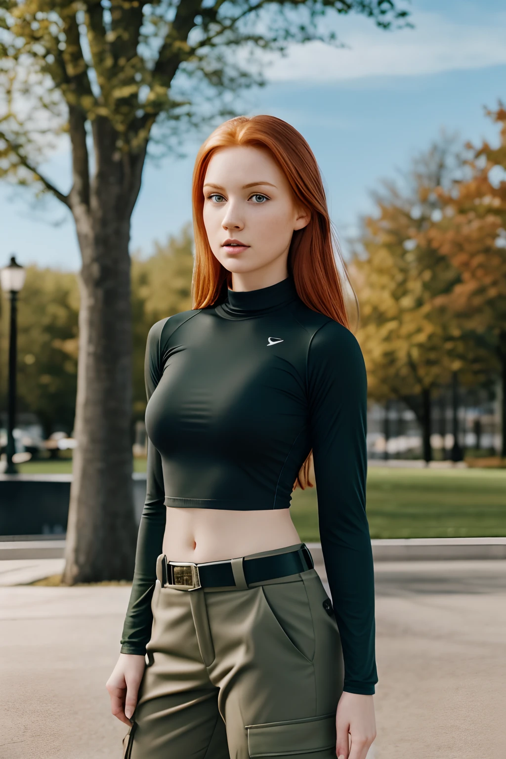 1girl in, age19, Solo, Aesthetic artwork, irish redhead, straight ginger hair, shoulder length ginger hair, gray eyes, light grey eyes, some small freckles, pale skin, A-cup, small breasts, runners body, detailed skin texture, action pose, by city fountain, downtown, park, (extremely detailed 8k wallpaper), soft lighting, high quality, film grain, Fujifilm XT3 sharp focus, f 5.6, 50mm, High Detail, Sharp focus,(natural light), black long sleeve crop top, black crop top, black shirt, light green khaki pants, green cargo pants, green pants, brown utility belt, Kim possible costume, Kim possible, crazy details, complex details, hyper detailed