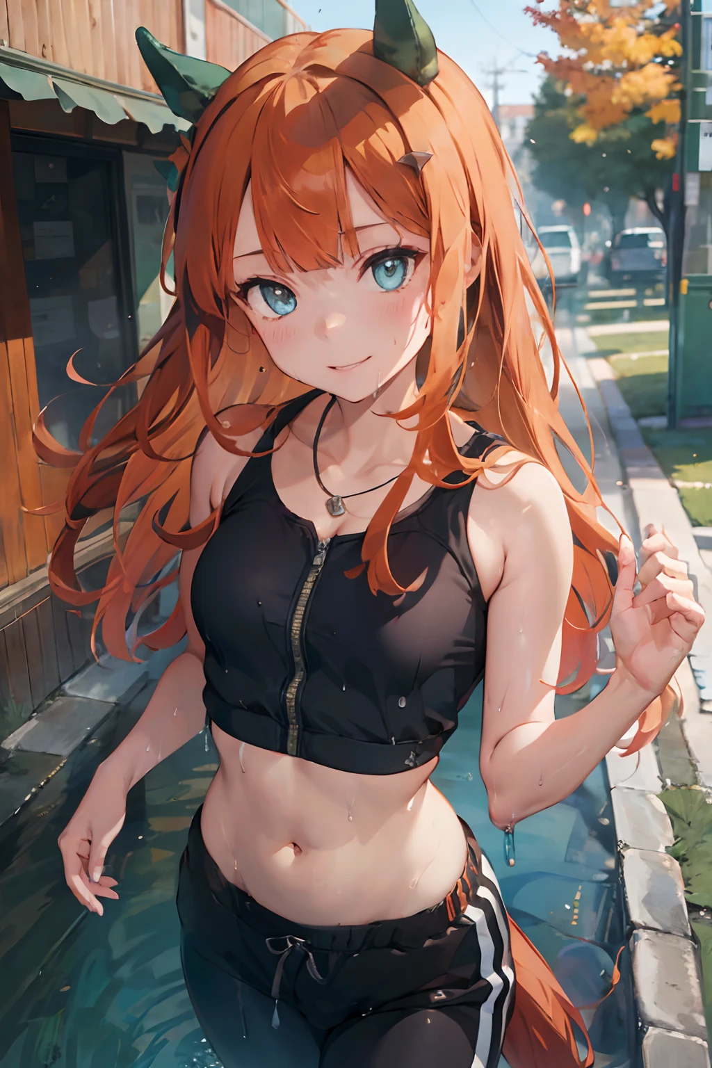 nsfw, masterpiece, 1 girl, intricately detailed, navel, necklace, orange hair, jogging pants, smiling, extremely detailed, photorealistic, octane render, 8 k, unreal engine., bare breasts, bare stomach, sweaty, puddle, wet body, beautiful face, small breasts, ite body, chilat chest, silence suzuka \(umamusume\), jogging, park, horse ear, horse tail, bare shoulders, bra