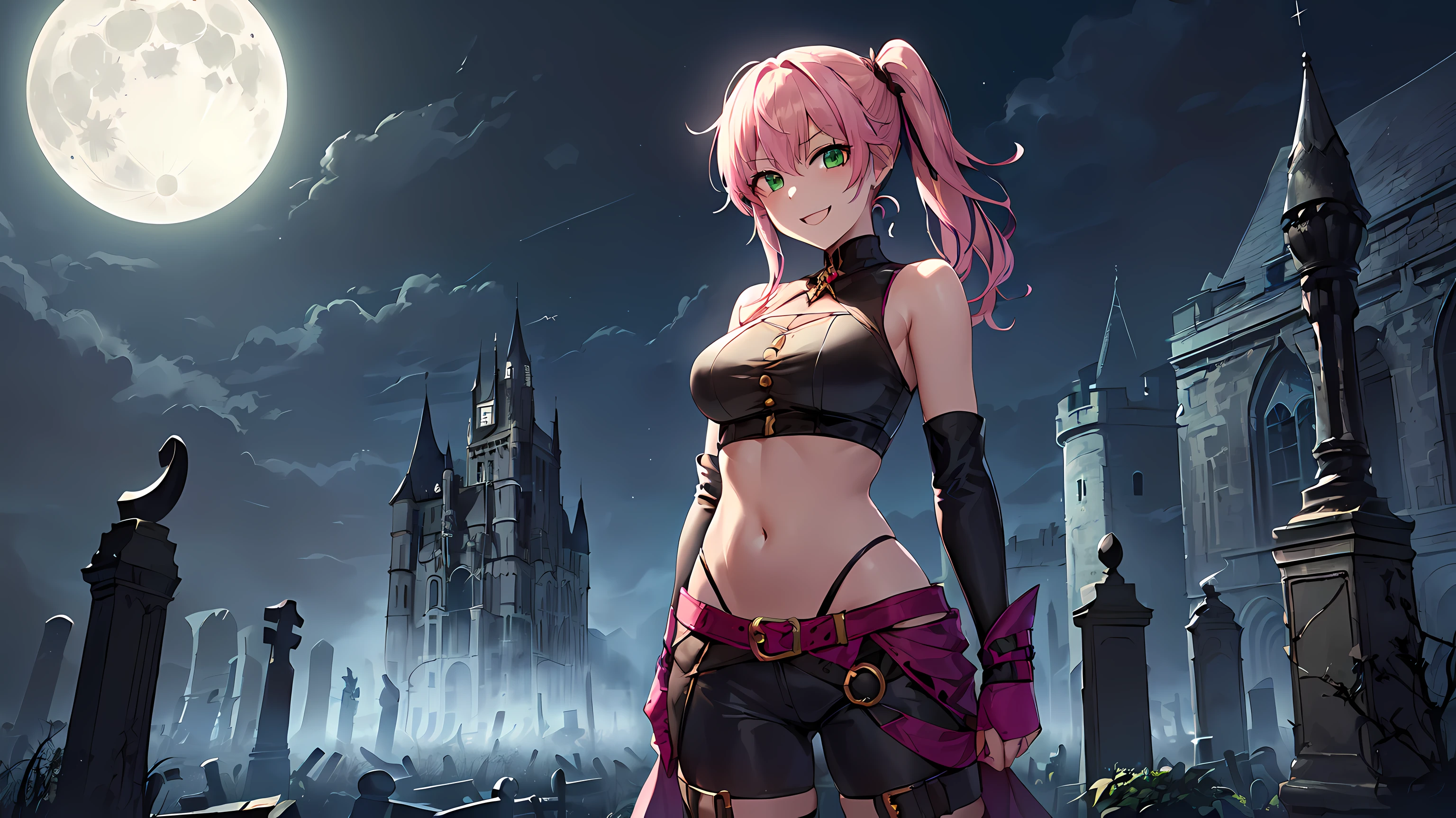 masterpiece, 1girl ((20year old, dressed as an evil sorceress, crop top exposes navel, boots, medium breasts, multicolor pink hair, twin ponytails, perfect model body, green eyes:1.4, flirting, happy, big smile, standing in a evil graveyard:1.1 with an old haunted castle in the background at night:1.1, moonlight:1.2, scary, spooky, dark atmosphere:1.2)) ((nighttime)) ((solo:1.6))