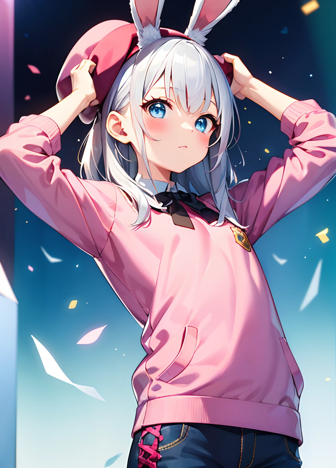 absurderes, Hyper Detailed, Beautiful, girl with, 8years old, spiked hair, silver hair, Light blue eyes, ((Magician's costume))、Magic Show、((( Put your hands on your head )))、((Rabbit ears))、cowboy  shot, pink cute beret, wearing pink sweater