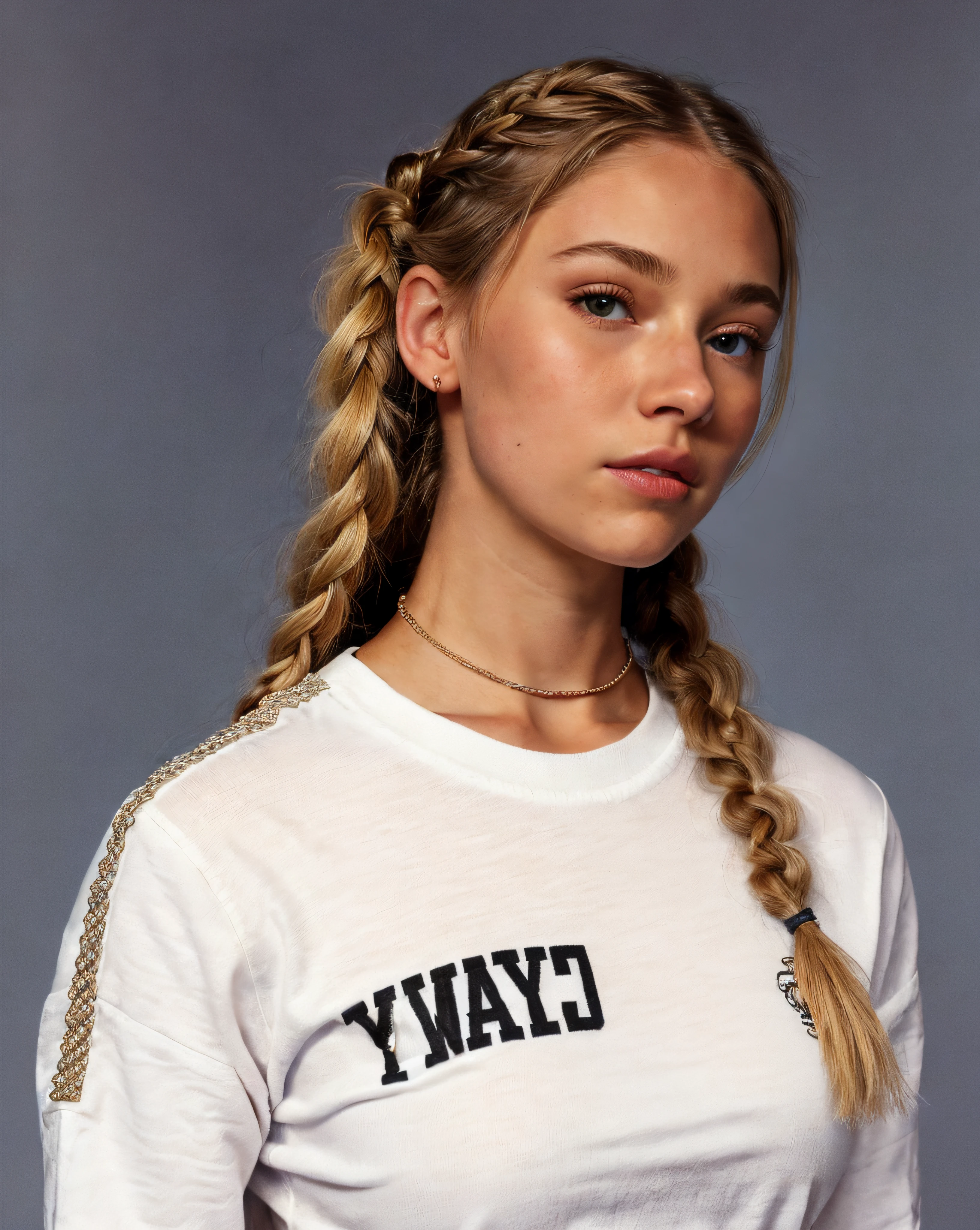 a close up of a woman with a braid in a white shirt, girl with plaits, portrait sophie mudd, white braids, two braids, pigtails hairstyle, loose white braid, blonde braids and blue eyes, blonde braided hair, pigtail braids, long braided hair on top of head, white braided hair, blond hair with pigtails, braids