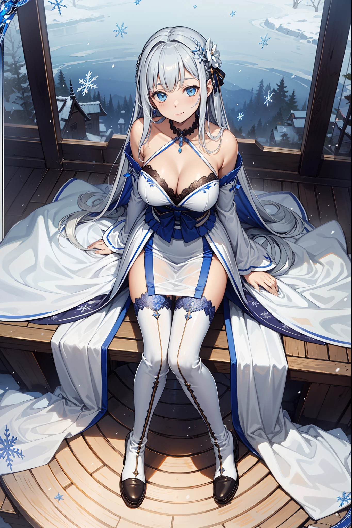 saints,seductiv,having fun,Being in love,(Western magic white dress),silber hair,eBlue eyes,Suitable transparent clothing,Decoration of saints,Sky blue cloth,Snowflake pattern,Sky blue pattern,Snowy nights,Transparent lace,exquisite costumes,Sit Pose,solo person,Japanese courtyard,(natta:1.1),nevando,(Long suspender boots:1.1),Delicate and beautiful face,Sit Pose