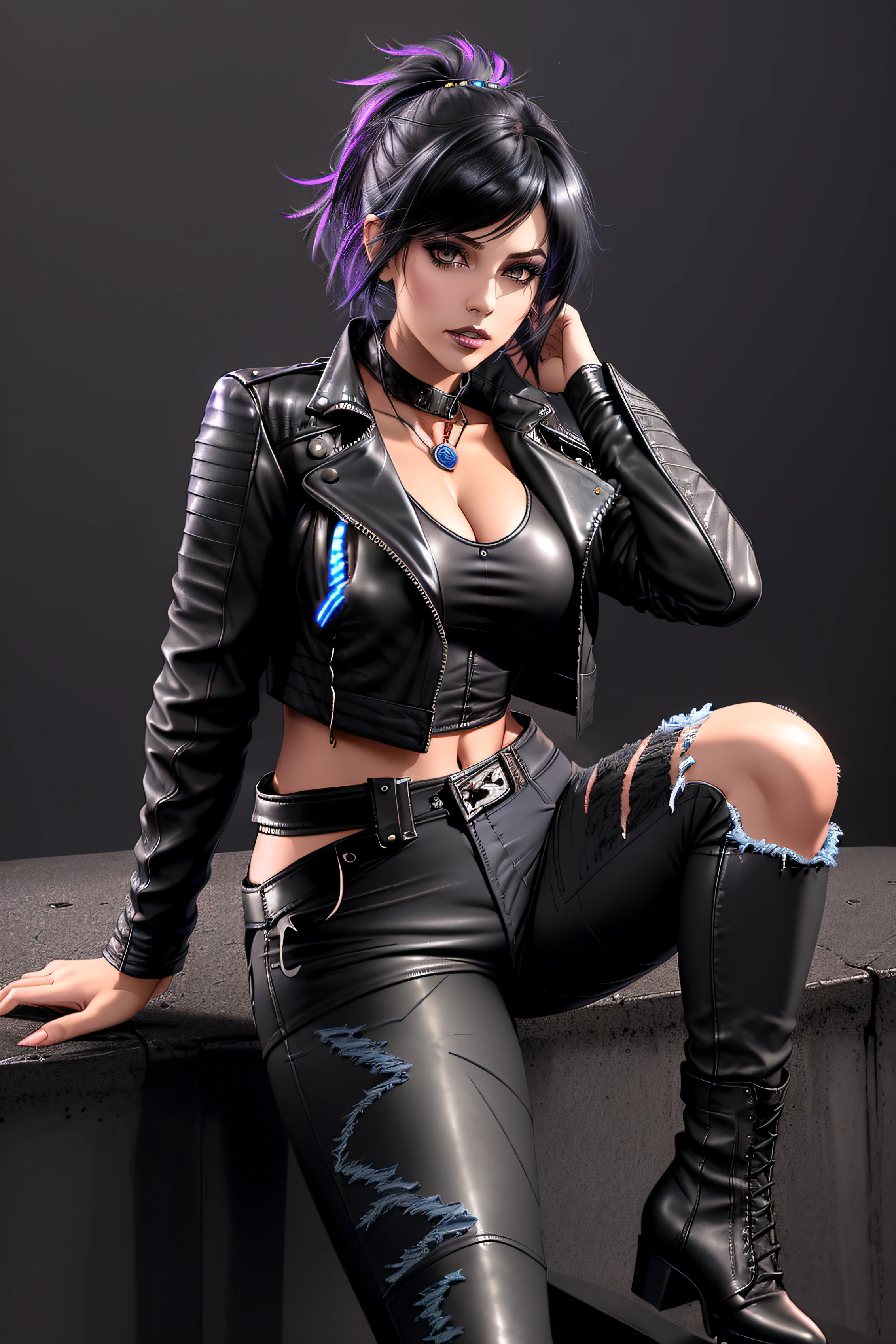 (8k,Masseter muscle area:1.2、Highest quality)、(Live Action、Intricate details)、(One person、solo、Upper body、Huge boobs) Cyberpunk black person costume、charm的 Avant-garde、Experimental Appearance: blue mohawk hair、Realistic Skin Dramatic makeup、: charm的,Sexy Costumes,Shorts,Counter、provocative Location: Urban Arts District、Laughter Hobbies of the underground music scene: Attend a punk show、Create mixed media art、Experiment with the values of different subcultures: personality、credibility、Inspiration for creative expression: Punk Rock Music、A symbol of counter culture、avant-garde art movements Personality traits: Boldness、Boldness、Unconventional。Beautiful expression charm (Realistic Skin) Ultra-high resolution Surreal Advanced Details Purple Earrings Split Avemar Paladin woman,Surrealな肌,A look of pleasure,Top View,Rich colors, Backlight, Cinema Lighting, Film Grain, 50mm lens, Nikon D850,Ultra-high resolution,Ultra-realistic,Compensate,Super sexy,Show large cleavage,Dynamic sexy pose,Big smile,Put your chest close,slouch,