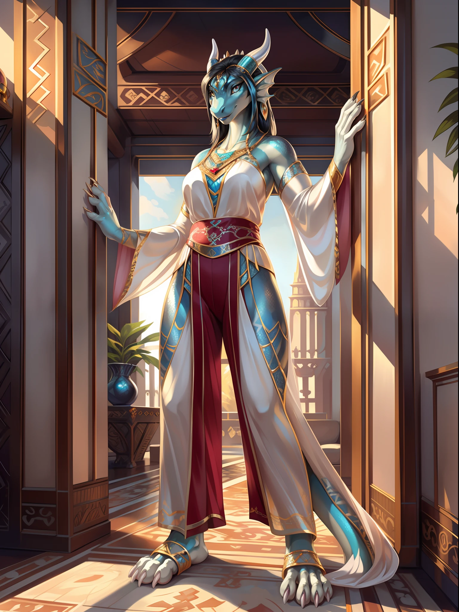 （Female dragon), standing, Solo,, Detailed scale texture, Bedroom, (Future City), (tribe outfit, ), (shoulders down,Leg underwear),Plastic sandals,Silver-white body,White belly, dawn, shaded, Dim environment, (drakgem), ((rakisha)), (kontanagamori)), (Upward view), It looks painful, [Simple background], Detailed pupils, Masterpiece artwork, Caustics, rim lit, Singlelightsource, Sharp shadows, solo portrait，finger claws, (digitgrade, toe claws), (Hanfu), by Inessa Garmash, greg rutkovsky, pino daeni, ruanjia