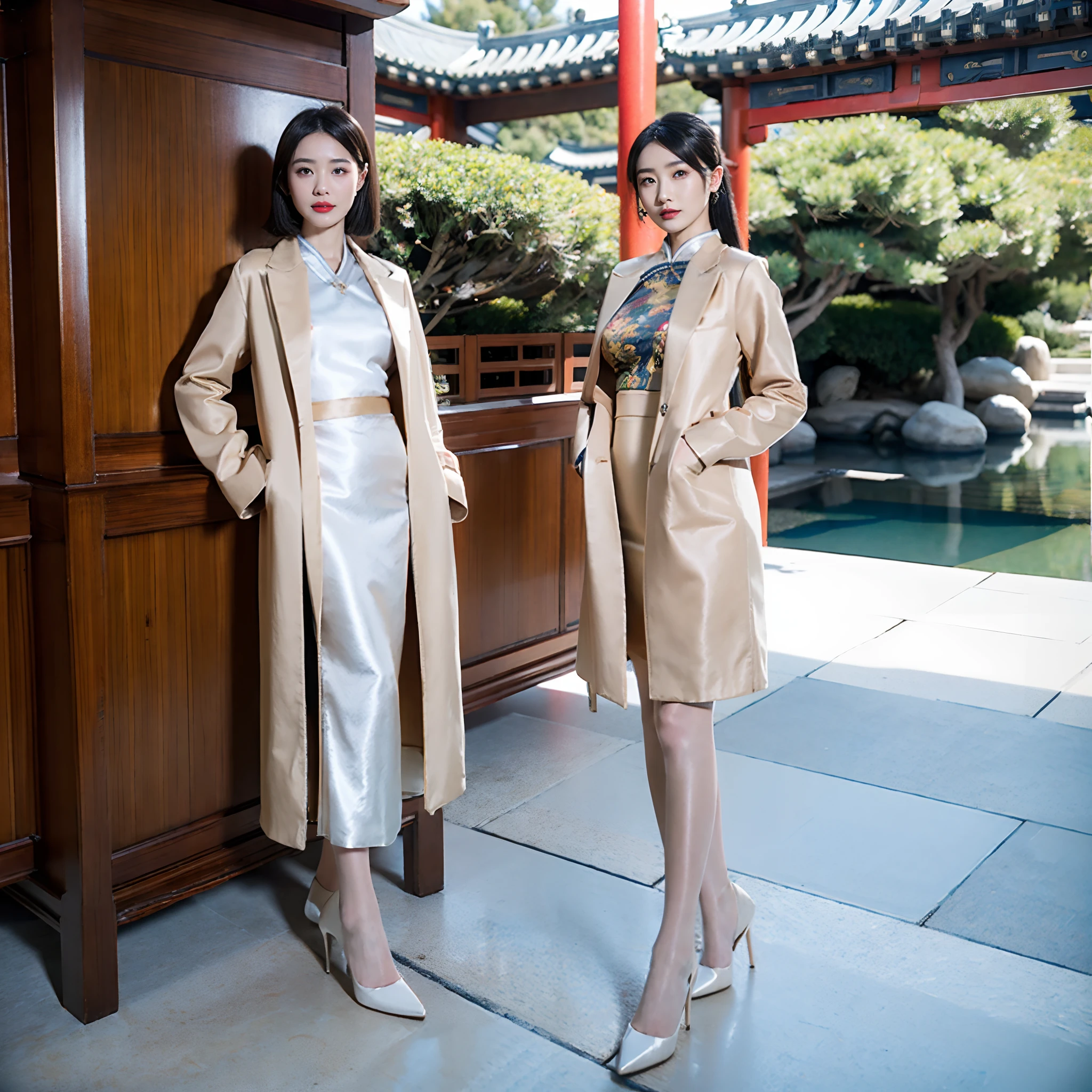 (Best quality, Masterpiece:1.2), 超高分辨率,  intricately details, twogirls，Mature face，Flesh-colored pantyhose，heeled sandals，Single ball head，largeeyes，Redlip，Heavy makeup，wind coat，Chinese Garden，standing on your feet，Two women，???? ???????