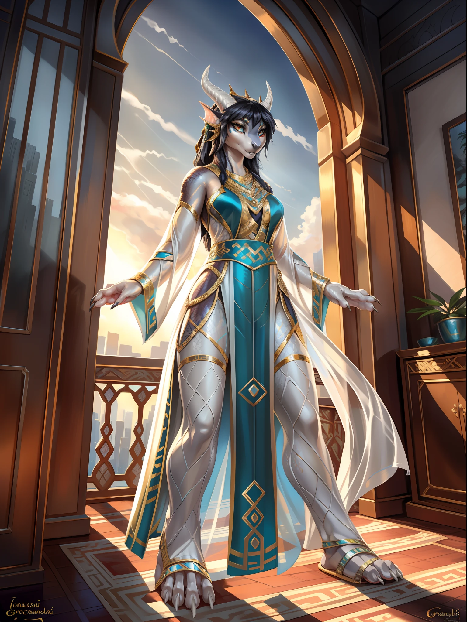 （Female dragon), standing, Solo,, Detailed scale texture, Bedroom, (Future City), (tribe outfit, ), (shoulders down,Leg underwear),Plastic sandals,Silver-white body,White belly, dawn, shaded, Dim environment, (drakgem), ((rakisha)), (kontanagamori)), (Upward view), It looks painful, [Simple background], Detailed pupils, Masterpiece artwork, Caustics, rim lit, Singlelightsource, Sharp shadows, solo portrait，finger claws, (digitgrade, toe claws), (Hanfu), by Inessa Garmash, greg rutkovsky, pino daeni, ruanjia