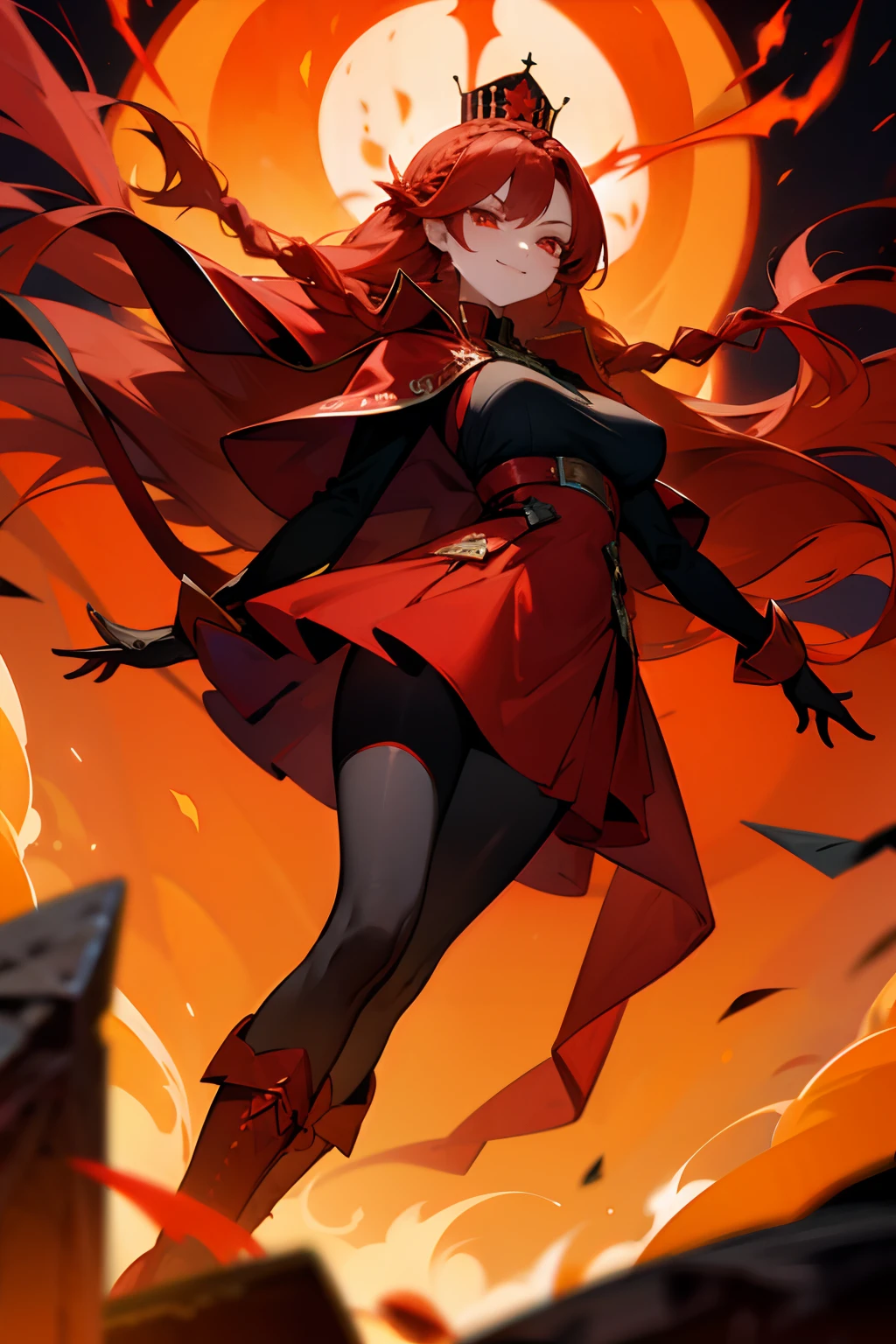 female character wavy dark red hair in a ponytail and green eyes with rectangle glasses wearing an elegant black and maroon hero outfit with brown boots thats up to the knees and a parasol