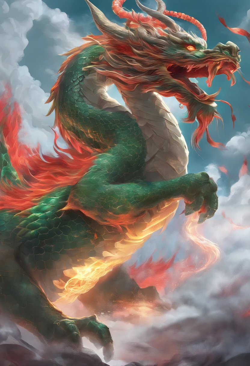 China-style,Chinese mythology,Chinese Green Dragon,tosen,Ferocious,gargantuan,The eyes glow red,Glow effects,surrounded by cloud,Thick clouds,buliding,中景 the scene is,Full body like, highly detailed surreal vfx,oc rendered,