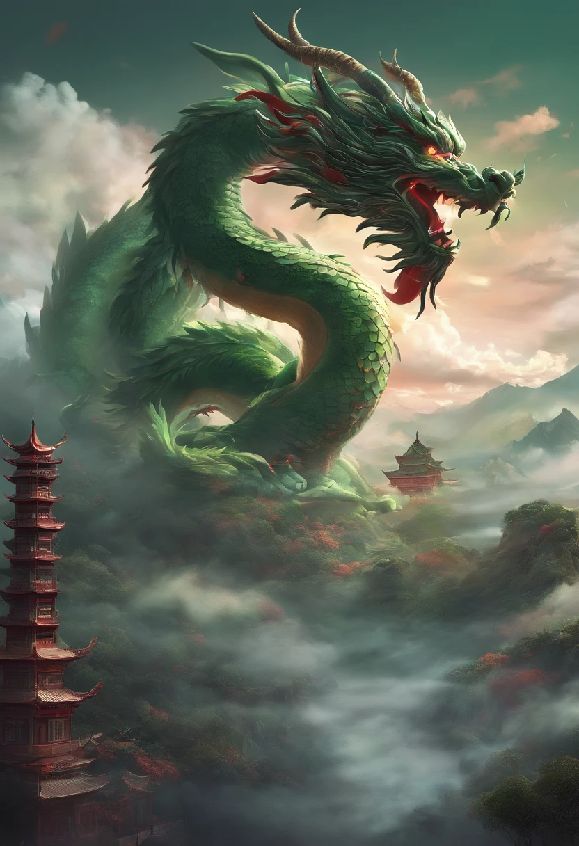 China-style，Chinese mythology，Chinese Green Dragon，tosen，Ferocious，gargantuan，The eyes glow red，Glow effects，surrounded by cloud，Thick clouds，buliding，中景 the scene is，Full body like， highly detailed surreal vfx，oc rendered，