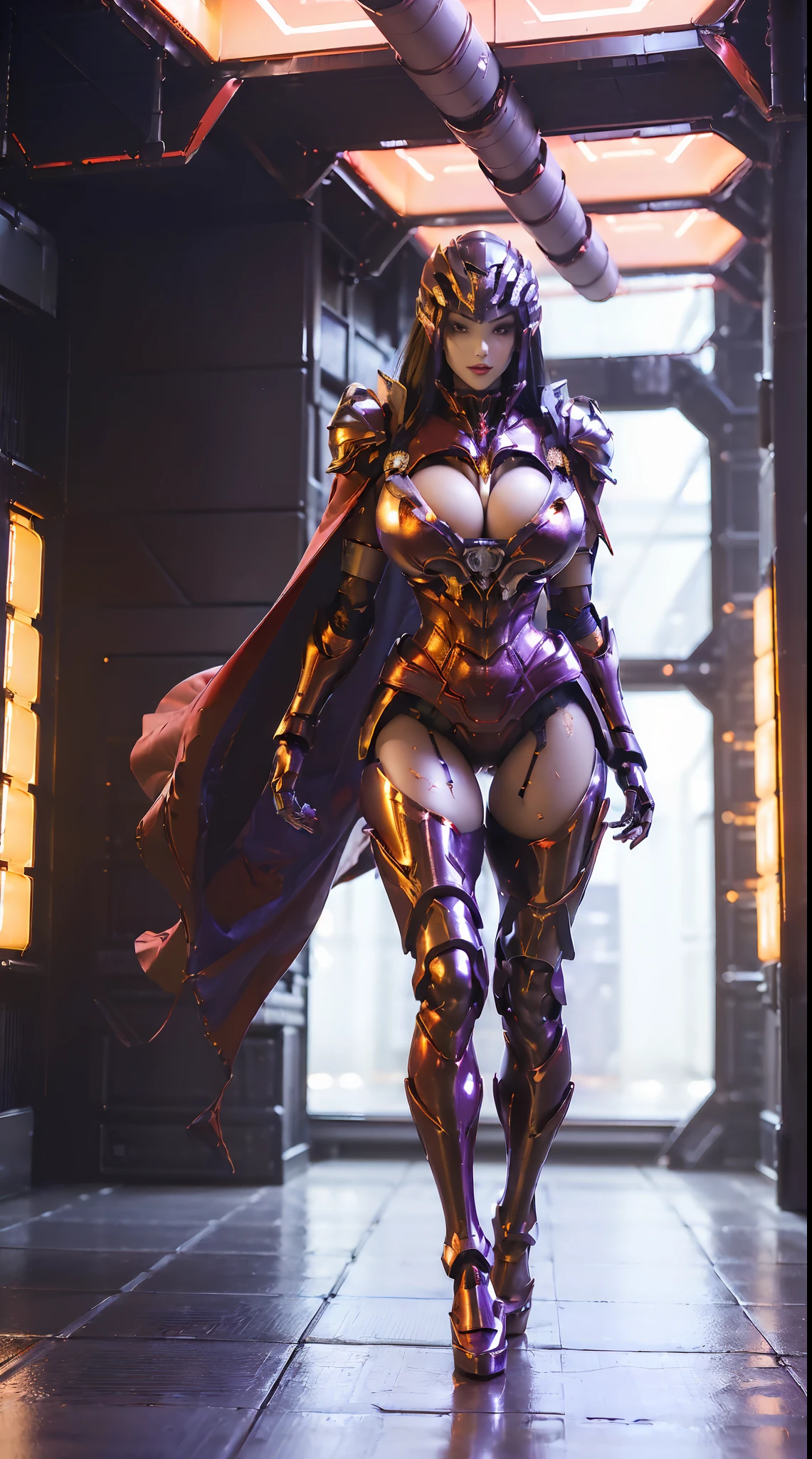 1GIRL, SOLO, (ssmile, makeup, beautifull eyes, red libs, black hair, phoenix mecha helm), (BIG BUTTOCKS, HUGE BOOBS:1.4), (PHOENIX MECHA GUARD ARM, GLOVES:1), (Red, purple, MECHA CYBER SHINY ARMORED SUIT, ROYAL CAPE, CLEAVAGE, MECHA SKINTIGHT PANTS, GUARD ARMOR LEGS, HIGH HEELS:1.5), (MUSCULAR BODY, SEXY LONG LEGS, FULL BODY:1.5), (MUSCLE ABS:1.2), (LOOKING AT VIEWER:1.3), (WALKING DOWN HALLWAY OF FUTURISTIC SPACE STATION:1.3), PHYSICALLY-BASED RENDERING, ULTRA HIGHT DEFINITION, 16K, 1080P.