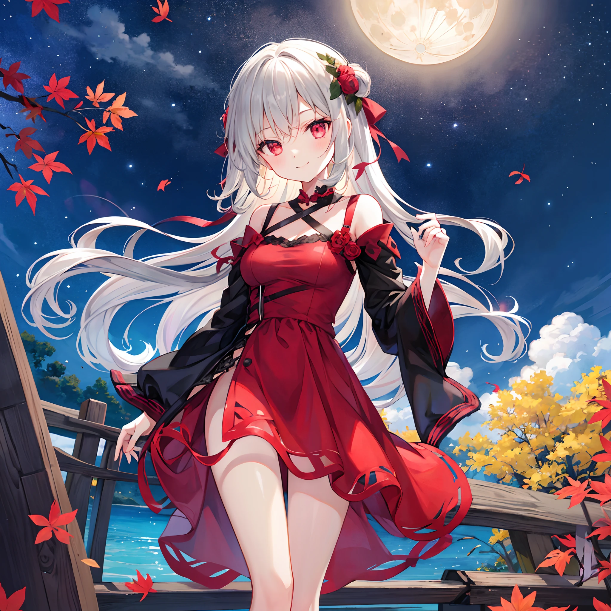 Girl with gray hair and red eyes、Blonde and red-eyed girl、A smile、Retro dresses、Colored leaves、Midnight、a moon