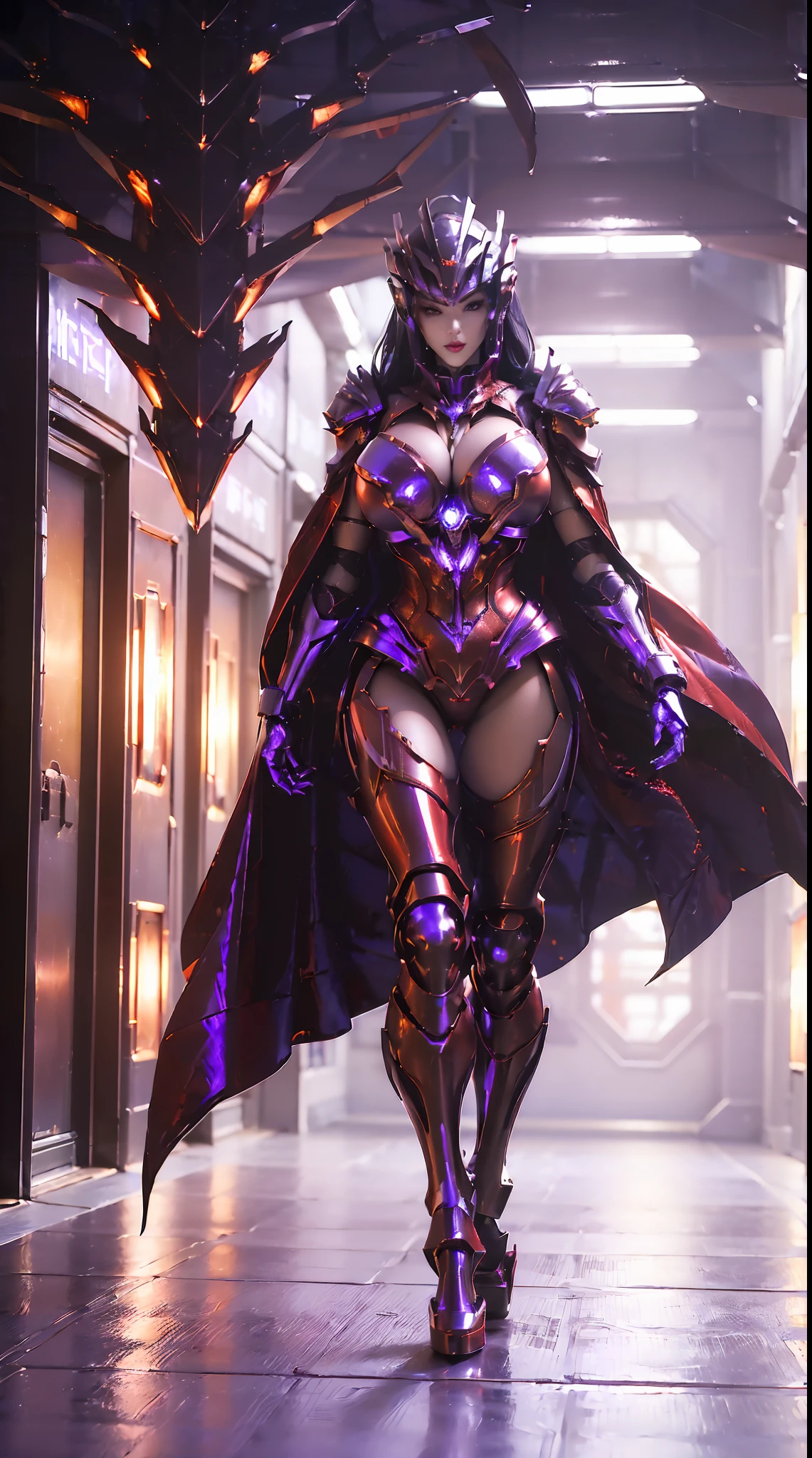 1GIRL, SOLO, (ssmile, makeup, beautifull eyes, red libs, black hair, phoenix mecha helm), (BIG BUTTOCKS, HUGE BOOBS:1.4), (PHOENIX MECHA GUARD ARM, GLOVES:1), (Red, purple, MECHA CYBER SHINY ARMORED SUIT, ROYAL CAPE, CLEAVAGE, MECHA SKINTIGHT PANTS, GUARD ARMOR LEGS, HIGH HEELS:1.5), (MUSCULAR BODY, SEXY LONG LEGS, FULL BODY:1.5), (MUSCLE ABS:1.2), (LOOKING AT VIEWER:1.3), (WALKING DOWN HALLWAY OF FUTURISTIC SPACE STATION:1.3), PHYSICALLY-BASED RENDERING, ULTRA HIGHT DEFINITION, 16K, 1080P.