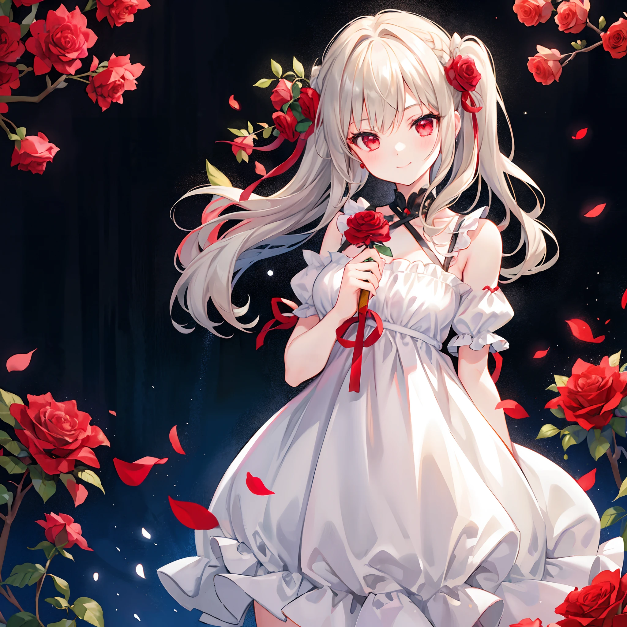 Anime girl in white dress with red rose in hand - SeaArt AI