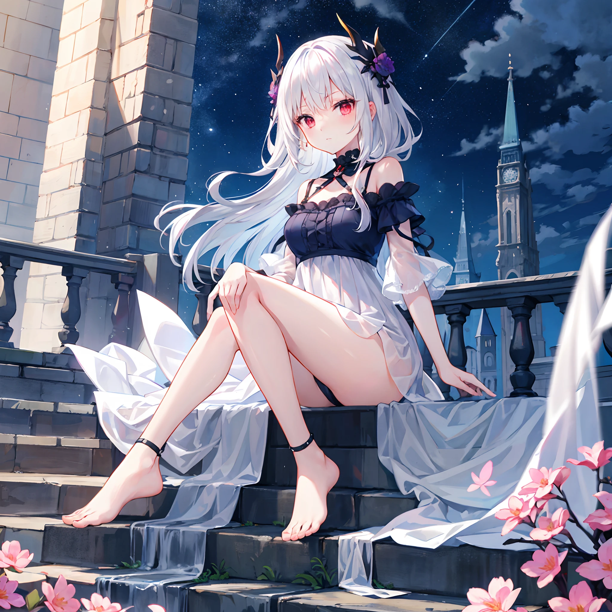 white hair、red eyes、One Beautiful Girl、Light blue dress、Raw feet、Midnight、Western castles