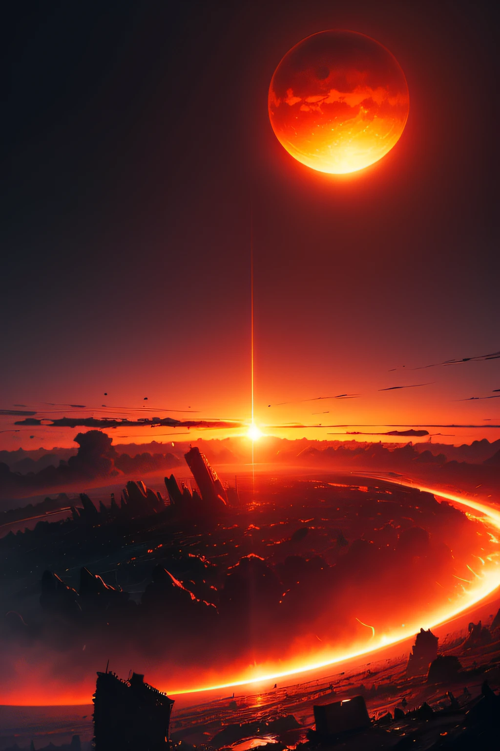An apocalyptic sunset, with a planet completely destroyed by wars and cataclysms
