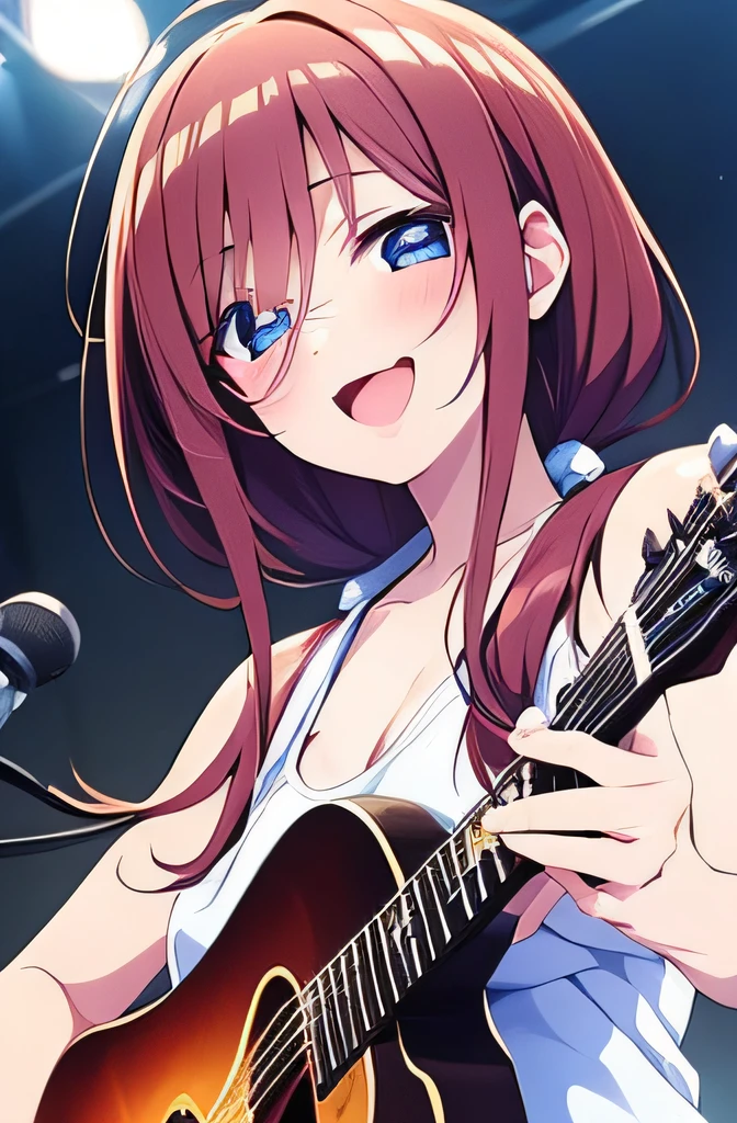((masterpiece)), ((best quality)), (ultra-detailed), anime style, Live performance venue, a cute girl, 1girl, solo, playing the guitar00, ((beautiful eyes))0, smile