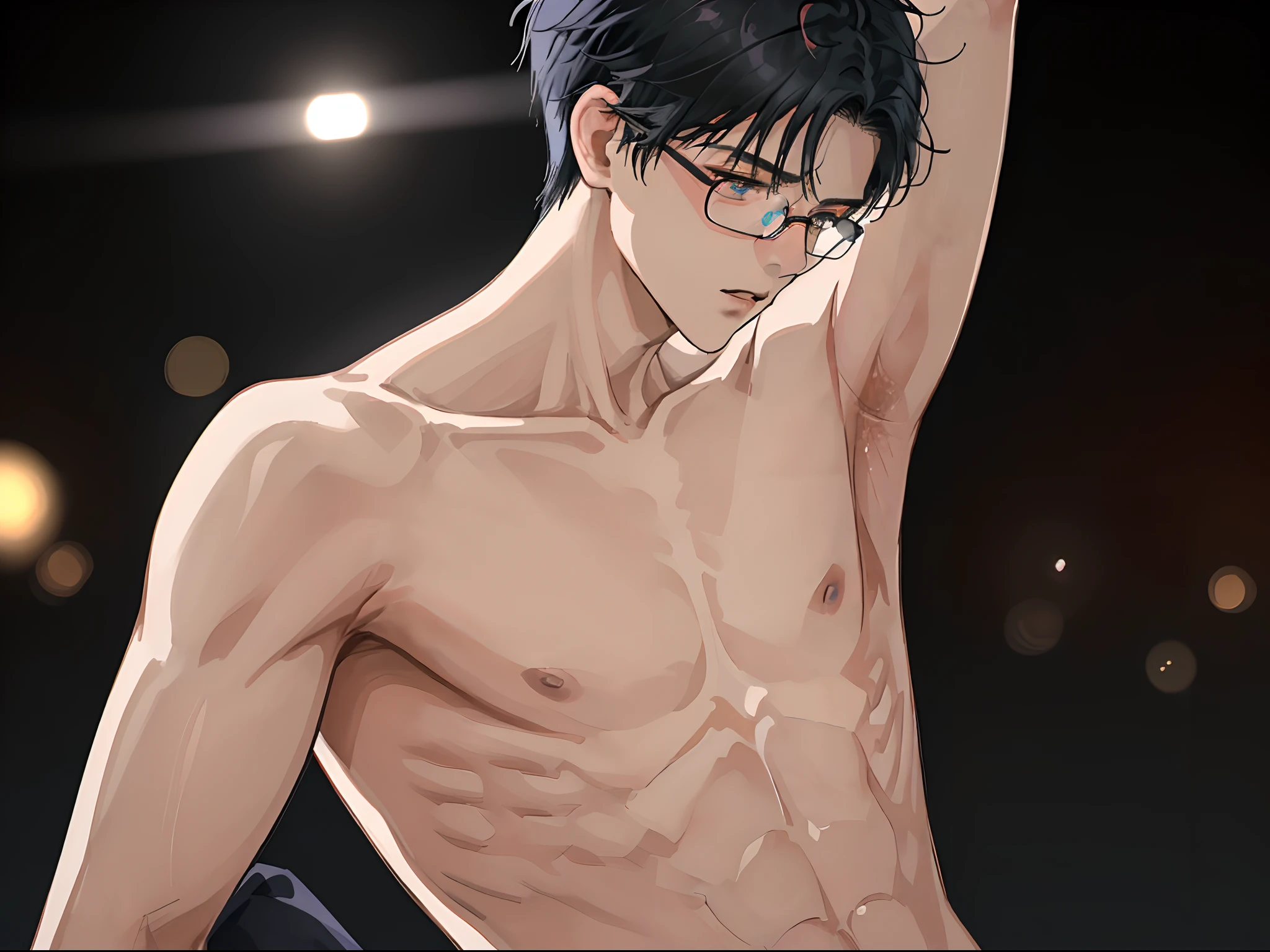 1 boy，, Japanese face, Baby facss, Bare chest, (show armpit:1.4), Slim body, skinny body, Black hair, slightly, Dark skin, slick skin，Elaborate Eyes， ( Bokeh, out of focus, Soft lighting, Movie Lighting, godrays, nffsw),Glasses,Pulling up your hair