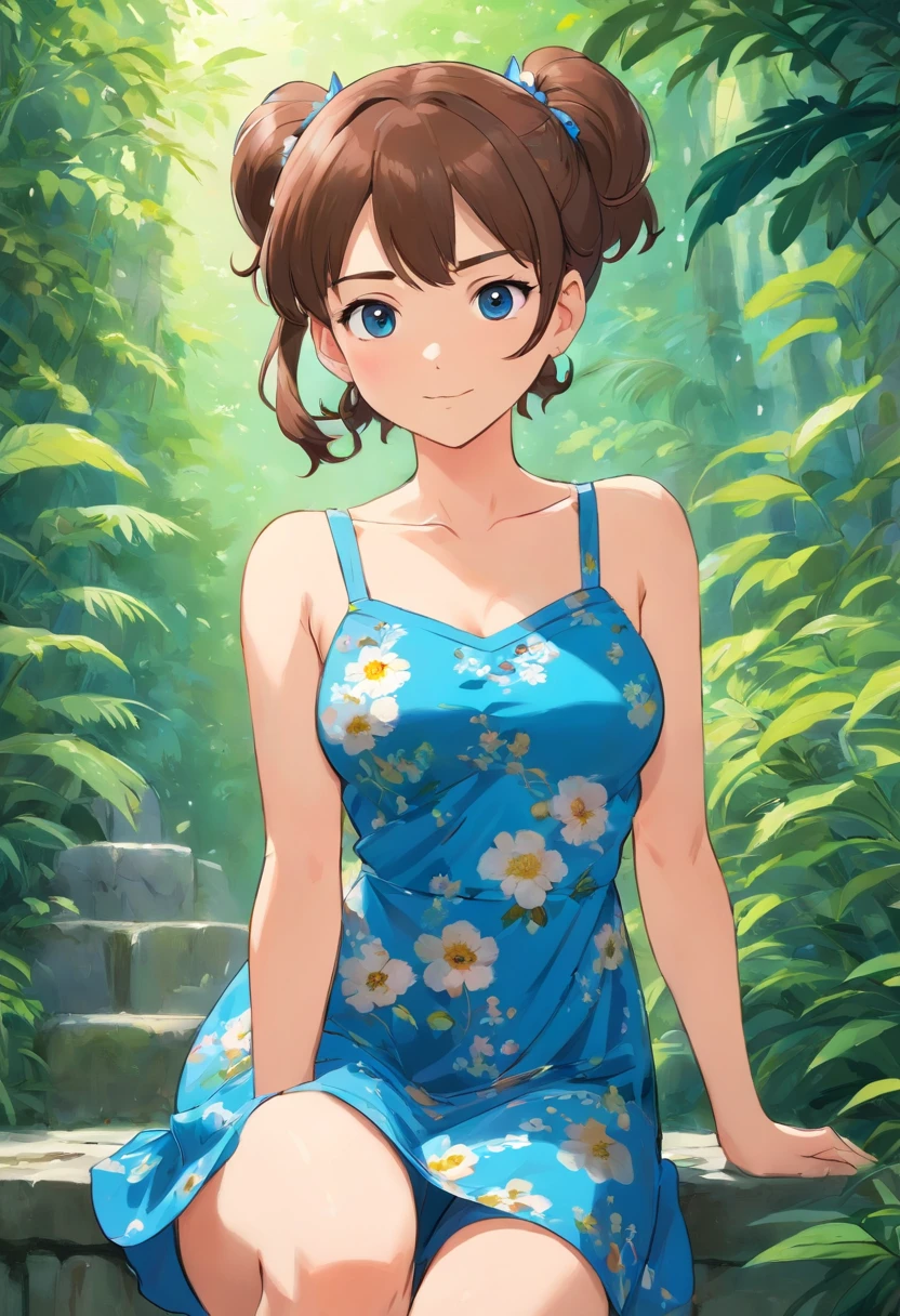 one female with short ponytail brown haircut, long form fitting blue floral dress, alone, solo, (ALONE)(SOLO), showing cleavage, facing forward, looking at me, looking forward, smirk, showing full legs, looking casual