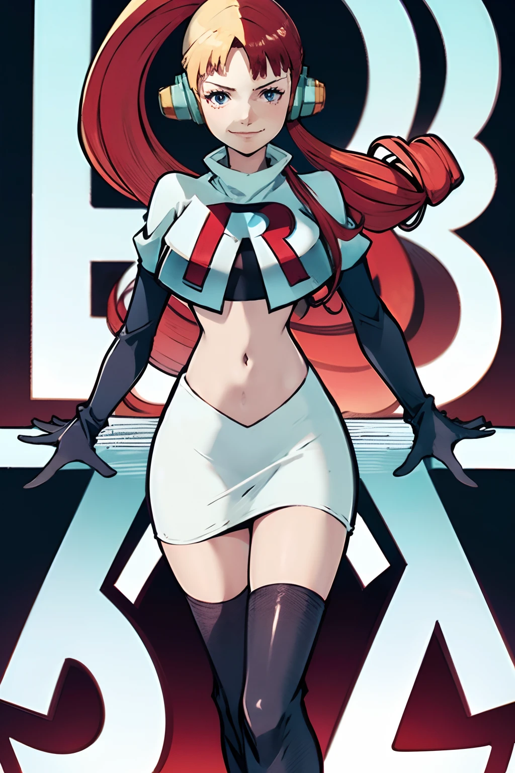 red hair, multicolored hair, white hair, Uta One Piece,1girl,team rocket,team rocket uniform,white skirt,crop top,black thigh-highs,black elbow gloves ,evil smile,