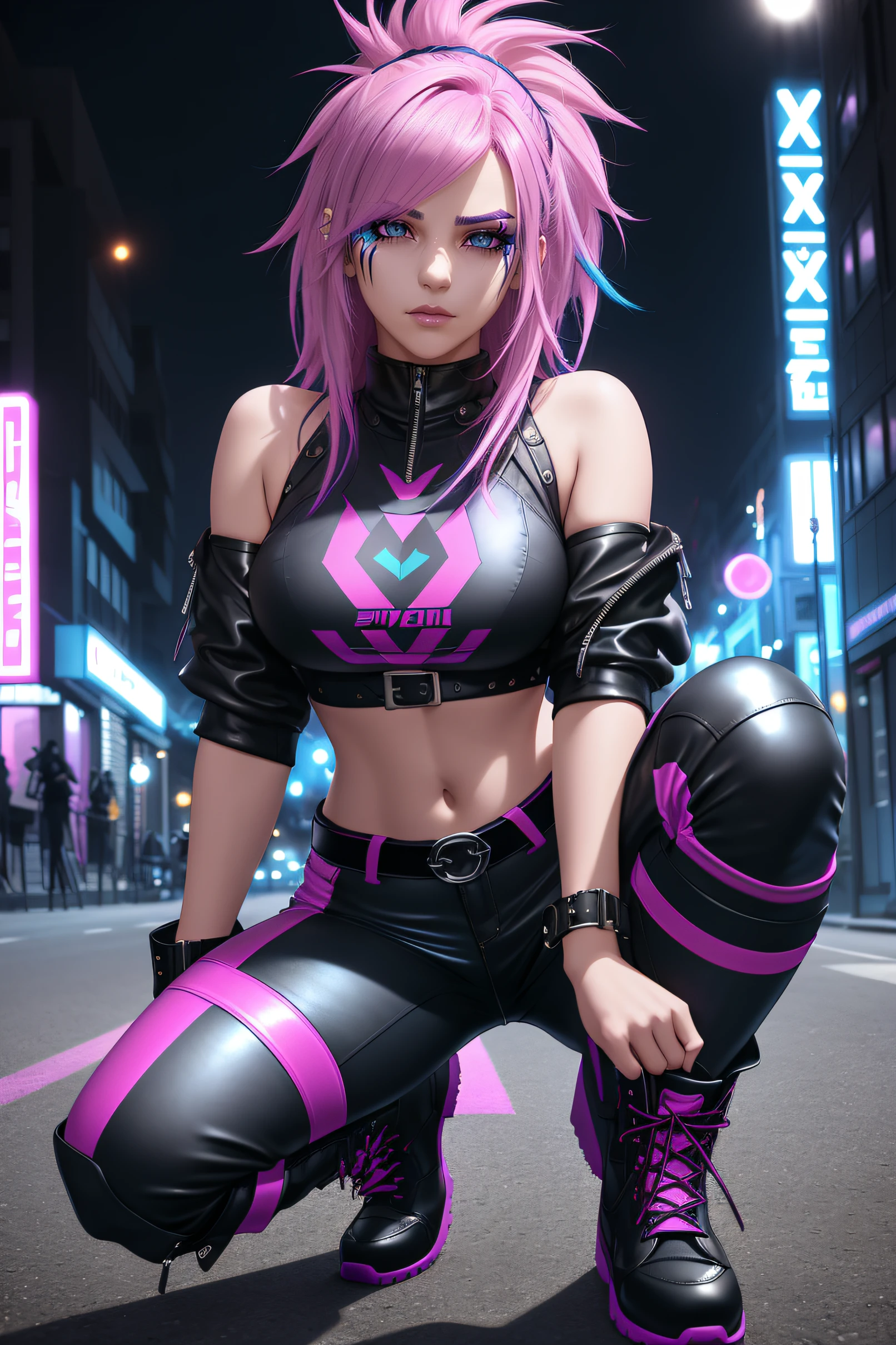 beautiful girl, full body, short bright blue and magenta streaked dishevelled hair, large blue piercing eyes, black eyeshadow, (street style wear:1.2), ((tight fitted pants)), ((knee high leather boots)), (city night background:1.2), dark makeup, digital art, trending on artstation, highly detailed, fine detail, intricate, beautiful detailed glow, detailed, Cinematic light, high-res, detailed facial features, sharp focus, smooth, aesthetic,