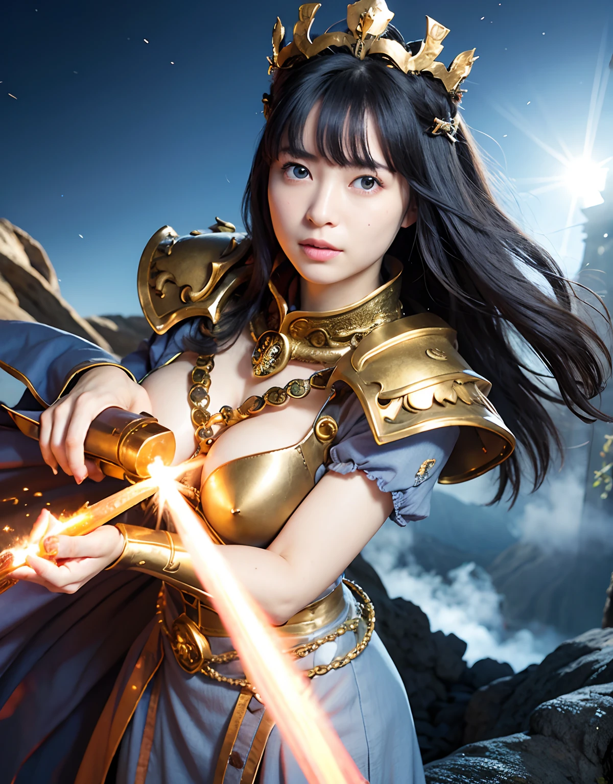 Professional , masterpiece、top-quality、photos realistic , 、top-quality、超A high resolution、(Photorealsitic:1.4)、Raw photo、depth of fields (Gemstone Gold Metal Body:1.9),(Matte White、Toostock、cleavage of the breast、(cleavage of the breast)、(Detailed Dragon Armor)、(Have the strongest weapon)、((Random Hairstyles 1.6),Dark Fantasy,)explosions、intense fighting、(Precipitous cliffs),Dragon Gold Weapon,Mystical expression、Particles of light、Fight dragons、(Detailed Dragon Helmet),Gorgeous Silver Weapons ,(( Dragon's dense and gorgeous sword)) , Beautiful knife ,warhammer 40k ,Detail and gorgeous crown、((Blue hair))、(Castle background)、、((Gangle's forest background))、Beautiful Caucasian beauty、1a person、dynamic ungle,((()))、Smaller head、A smile、Castle background、Thin and beautiful female hands、cleavage of the breast、Soldier in iron armor on background、Mystical expression、Light Effects、intense fighting、Wind-effect、magic circles、With the legendary magic wand、(demonic wings)、Toostock、