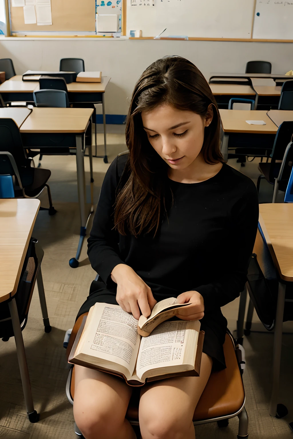 A girl in a classroom reading a book sitting on a chair and in the back of the classroom a group of girls making fun of her