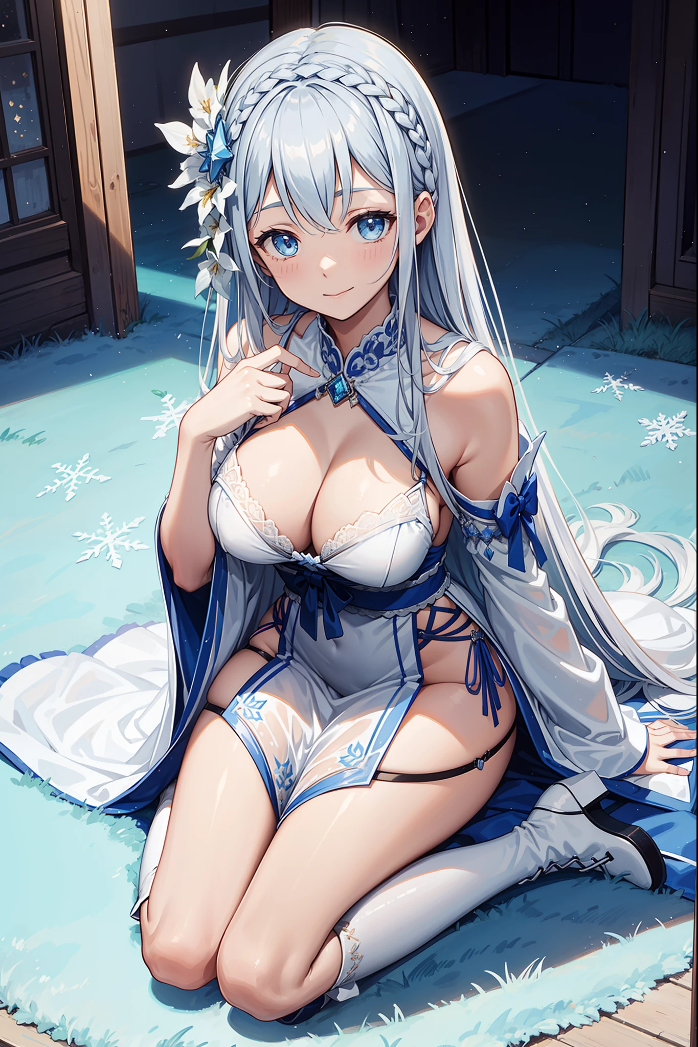saints，seductiv，having fun，Being in love，(Western magic white dress)，silber hair，eBlue eyes，Suitable transparent clothing，Decoration of saints，Sky blue cloth，Snowflake pattern，Sky blue pattern，Snowy nights，Transparent lace，exquisite costumes，Sit Pose，solo person，Japanese courtyard，(natta:1.1)，nevando，(Long suspender boots:1.1)，Delicate and beautiful face，Sit Pose