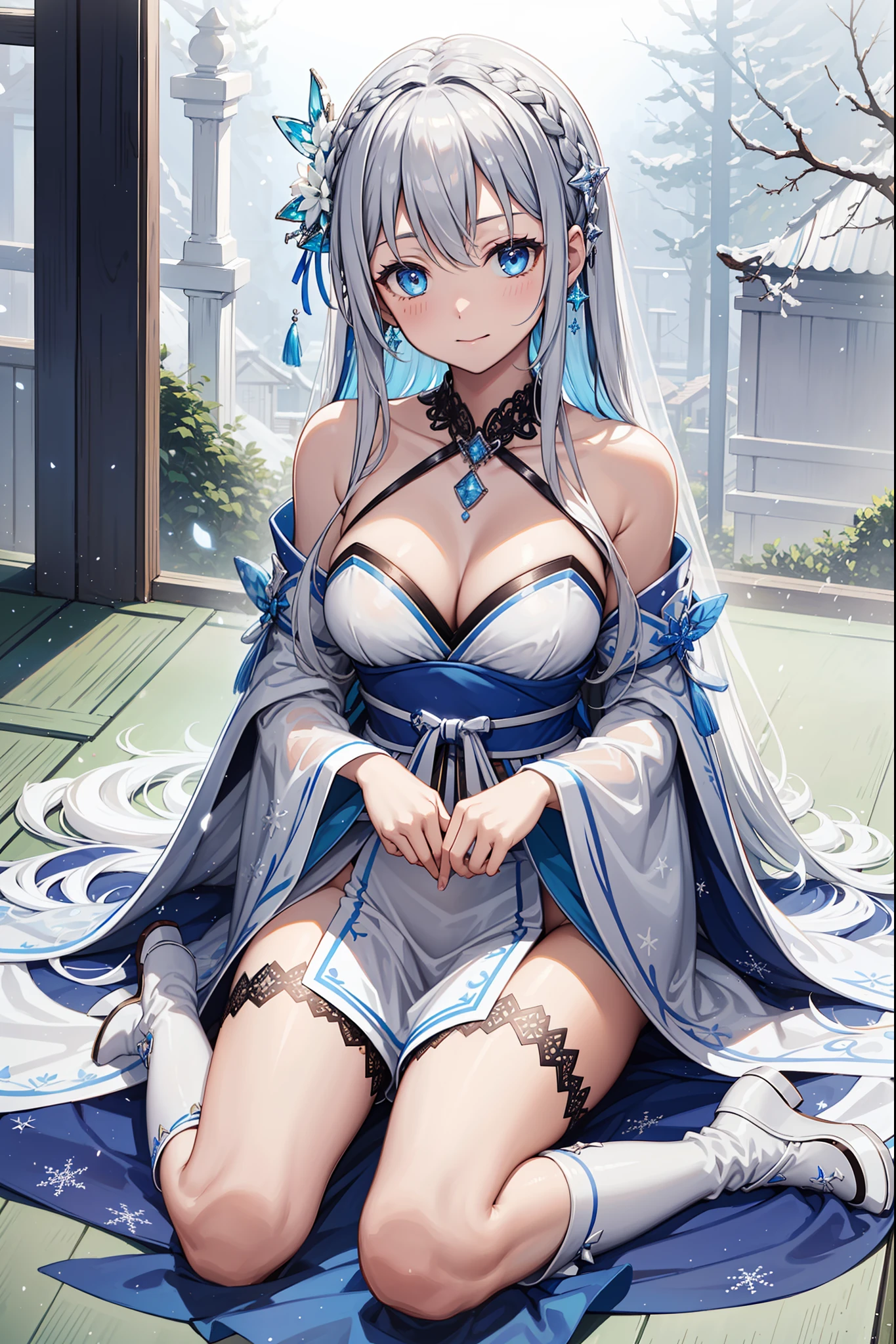 saints，seductiv，having fun，Being in love，(Western magic white dress)，silber hair，eBlue eyes，Suitable transparent clothing，Decoration of saints，Sky blue cloth，Snowflake pattern，Sky blue pattern，Snowy nights，Transparent lace，exquisite costumes，Sit Pose，solo person，Japanese courtyard，(natta:1.1)，nevando，(Long suspender boots:1.1)，Delicate and beautiful face，Sit Pose