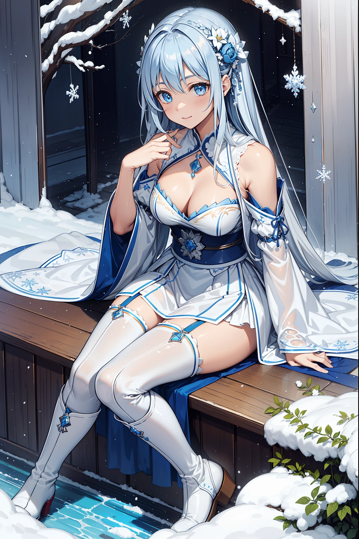 saints,seductiv,having fun,Being in love,(Western magic white dress),silber hair,eBlue eyes,Suitable transparent clothing,Decoration of saints,Sky blue cloth,Snowflake pattern,Sky blue pattern,Snowy nights,Transparent lace,exquisite costumes,Sit Pose,solo person,Japanese courtyard,(natta:1.1),nevando,(Long suspender boots:1.1),Delicate and beautiful face,Sit Pose