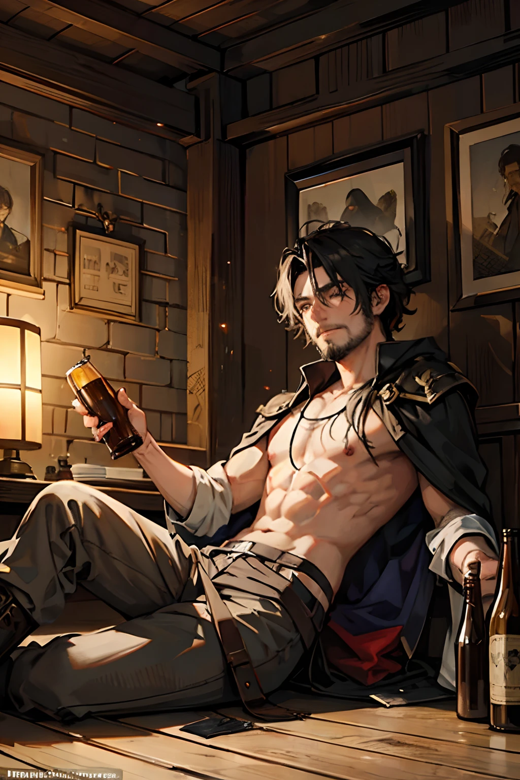 A man of about 30 years old with an air of mystery and sharp eyes, Black hair, Japanese and Latin races,
Empty body, with a slightly worn complexion and a small belly,,
He wears a patch, Scruffy beard,
His hair is long and disheveled, of a dark and defiant tone, Falling with strands on his face.
He wears worn-out and torn adventurer's clothes,
He wears a worn-out cloak hanging from his shoulders,
His boots are covered with mud and dirt,
He holds a cross chest strap that holds his big ornate sword,
A flash of magical energy in his hand,
((In a medieval brothel with tables and prostitutes laughing in the background, Bottles and old beer mugs fell to the floor))